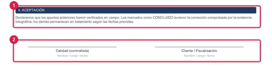 La última página del Detallado: 3. ACEPTACIÓN, con las líneas de firma de la entrega.