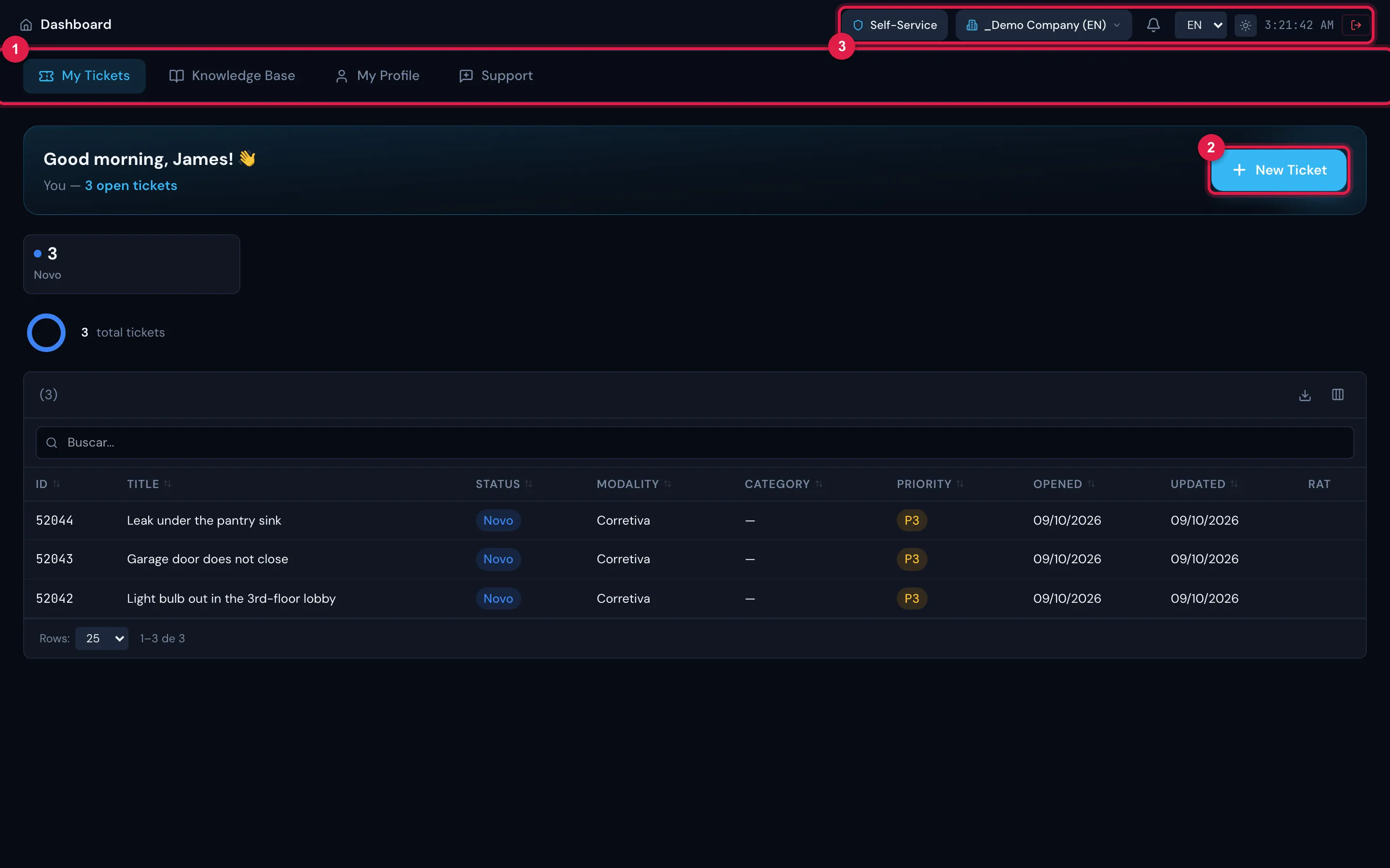 The self-service portal: the header and the My Tickets, Knowledge Base, My Profile and Support tabs, with the list of the user's three tickets.