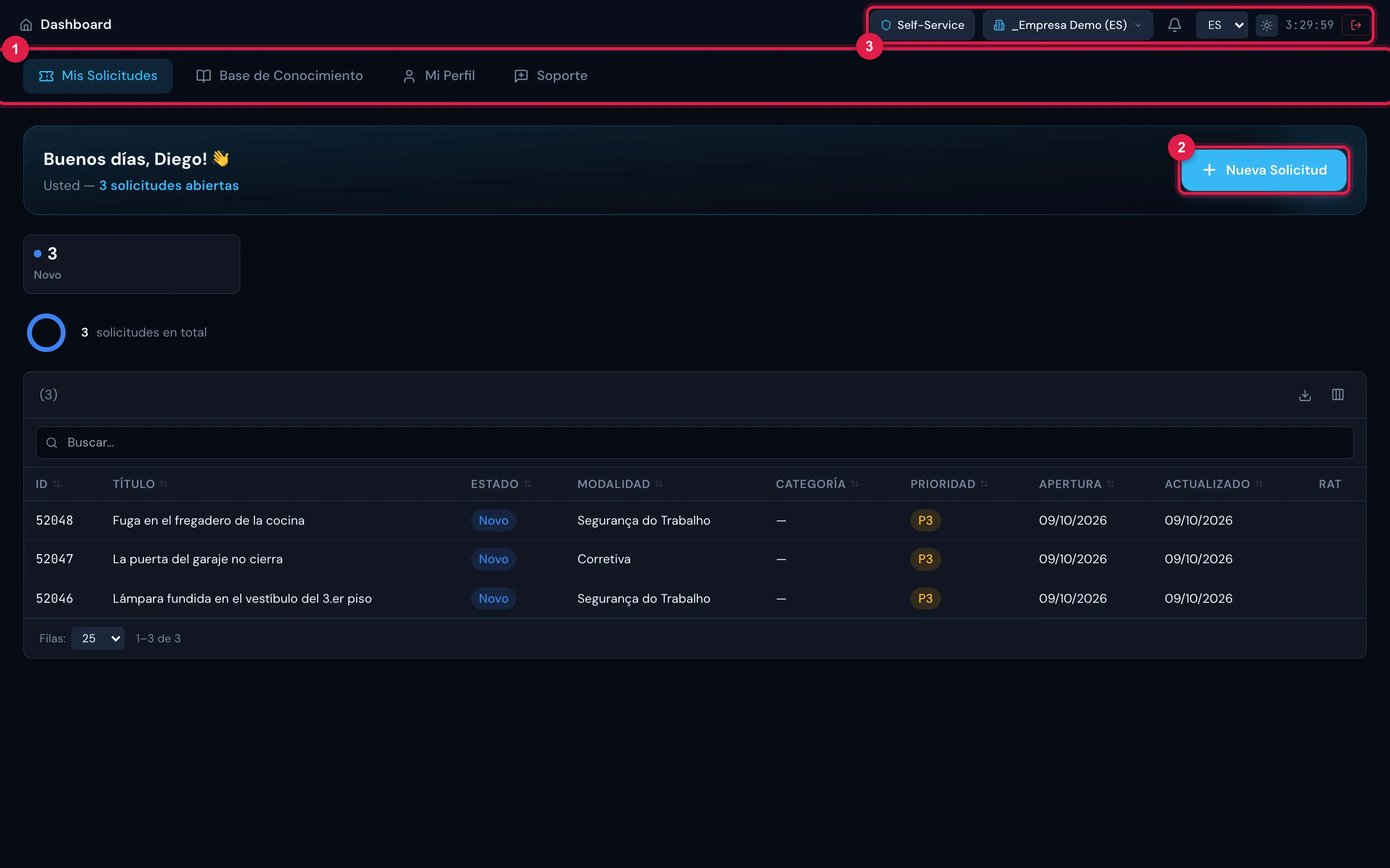 El portal de autoservicio: el encabezado y las pestañas Mis Solicitudes, Base de Conocimiento, Mi Perfil y Soporte, con la lista de las tres solicitudes del usuario.