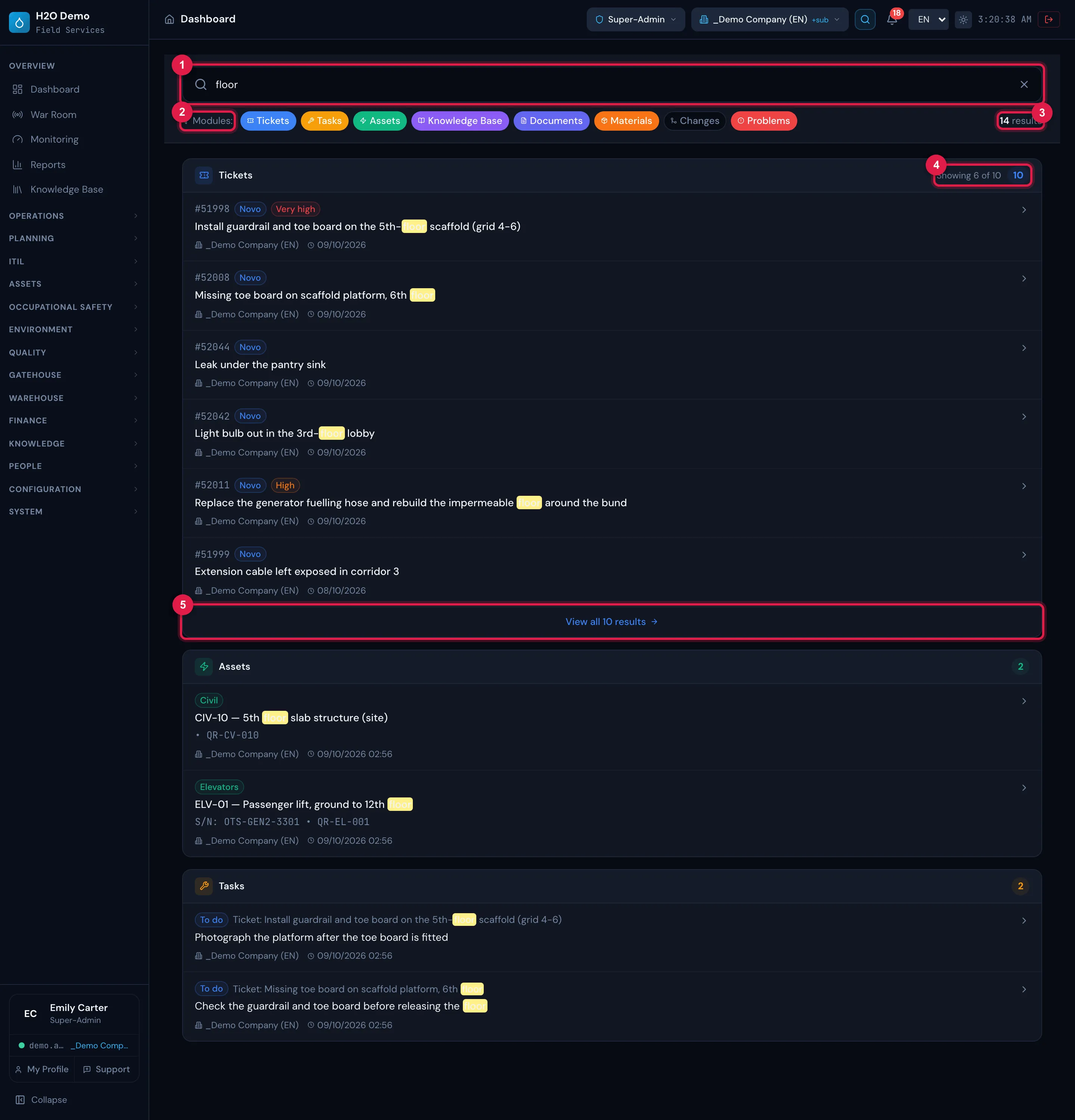 Global Search with the term floor: the search field, the Modules: line with the colored filters (Changes turned off, in gray), the total (14 results) and the groups Tickets (Showing 6 of 10), Assets and Tasks, with the term highlighted.