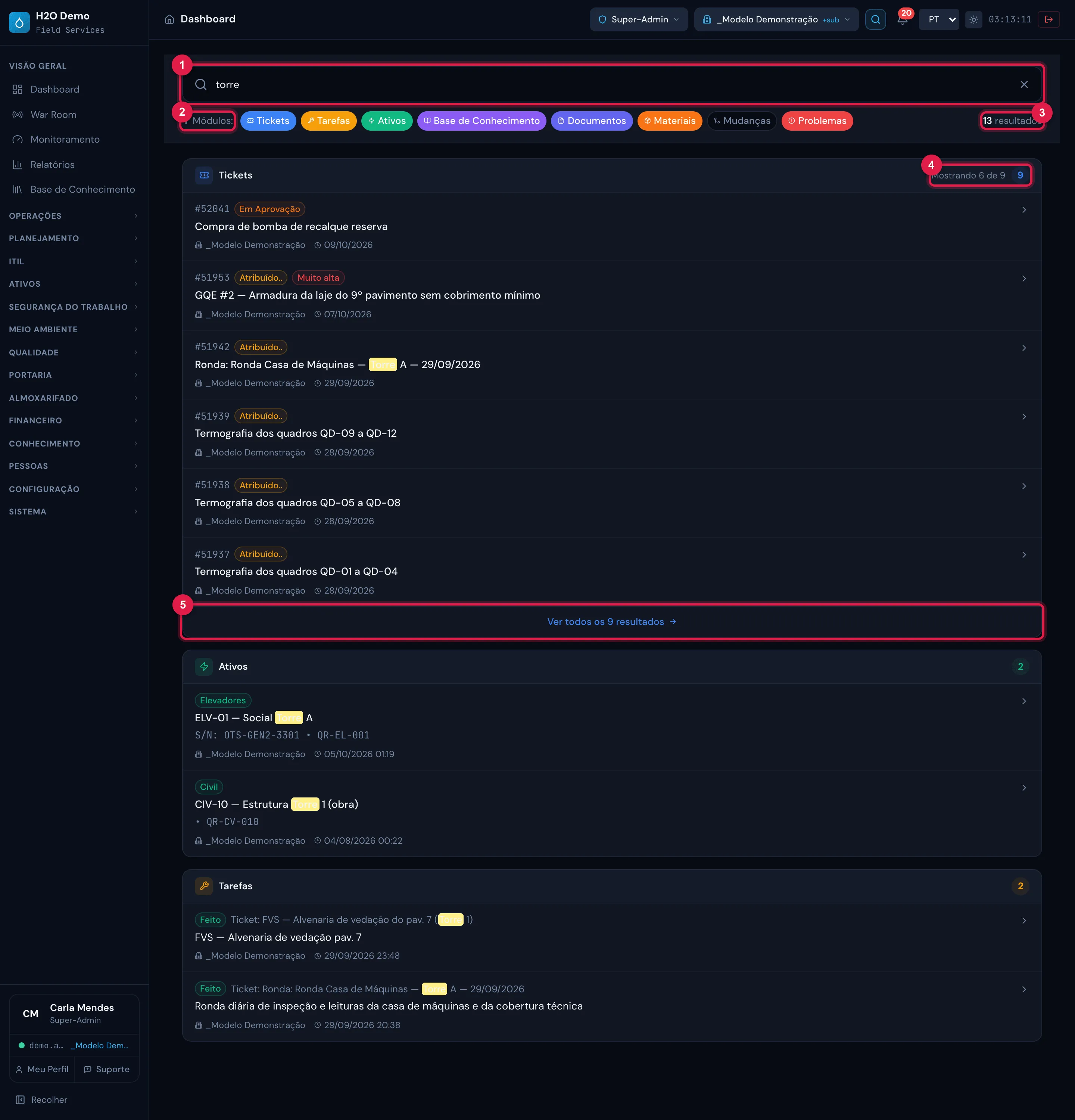 Busca Global com o termo torre: o campo de busca, a linha Módulos: com os filtros coloridos (Mudanças desligado, em cinza), o total (13 resultados) e os grupos Tickets (Mostrando 6 de 9), Ativos e Tarefas, com o termo destacado.