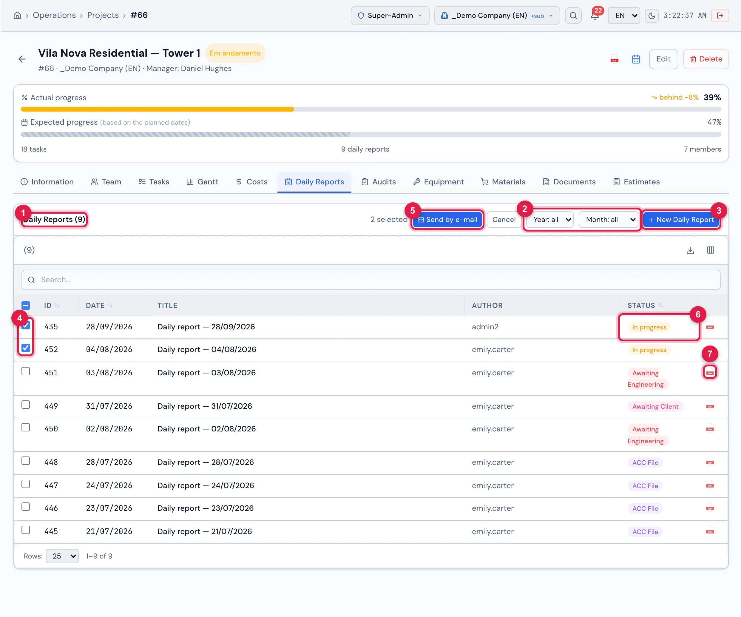 Daily Reports tab of Vila Nova Residential — Tower 1: the year and month filters, New Daily Report, the 9 reports (from "Daily report — 21/07/2026" to "Daily report — 28/09/2026") with the status of each one and two reports selected to be sent by e-mail.