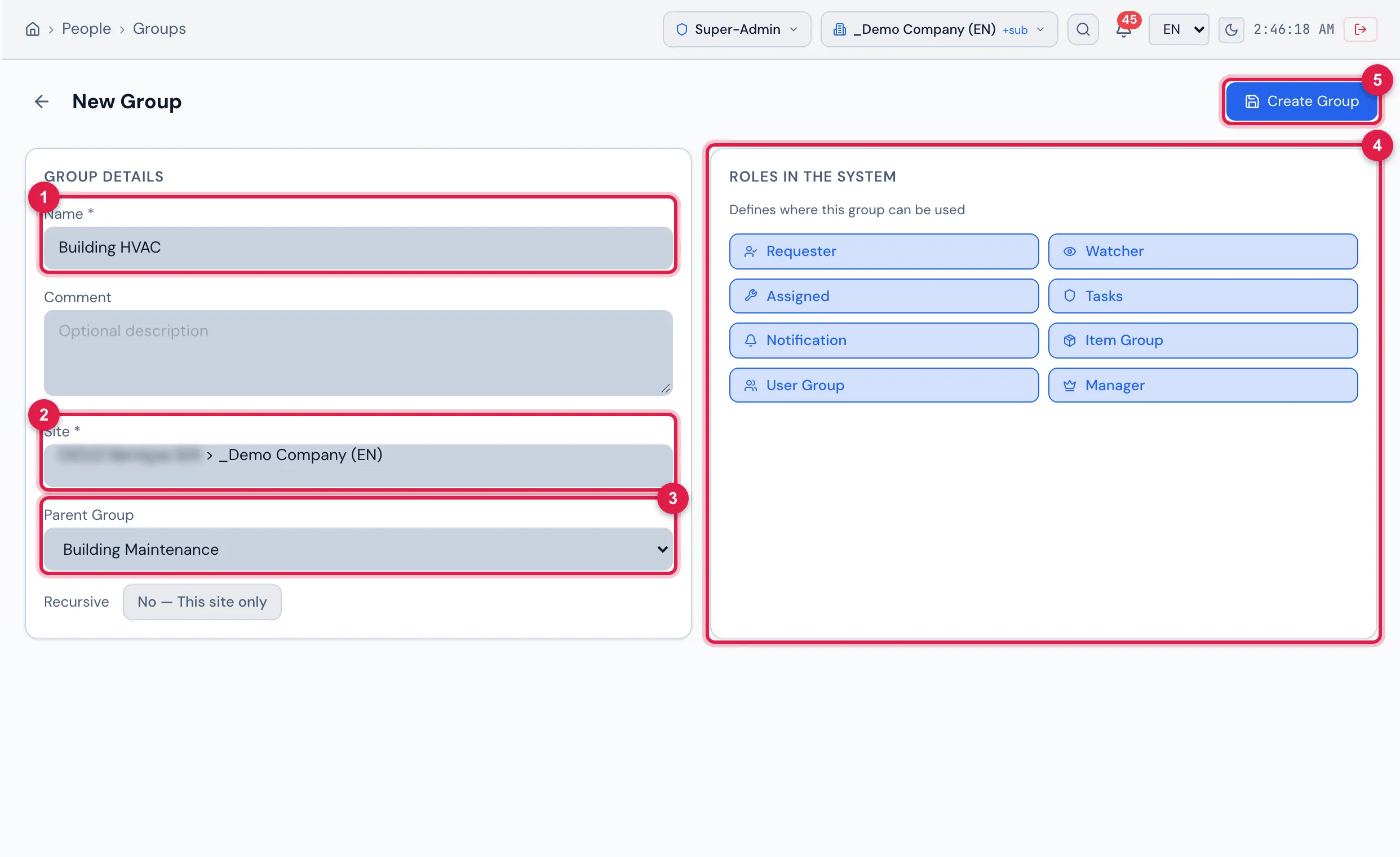 The New Group form filled in (not created yet): Group Details on the left and Roles in the System on the right, with the eight roles on.
