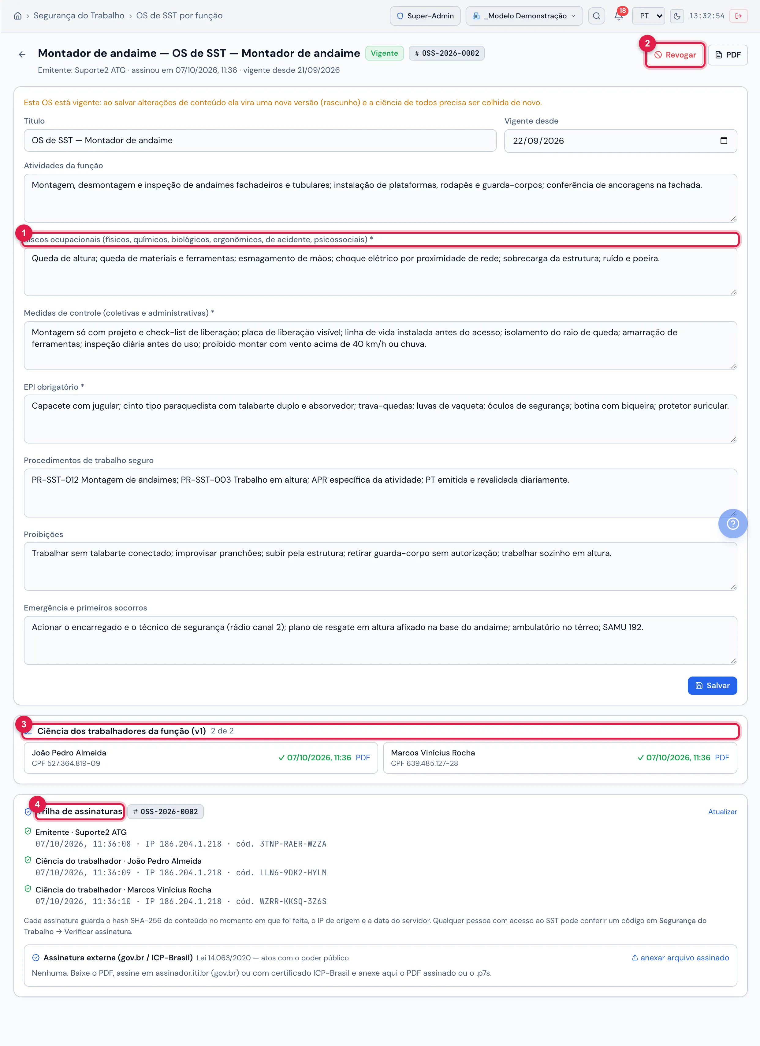 Detalhe de uma OS vigente: as sete seções de texto, Revogar, PDF e Salvar (salvar alteração de conteúdo numa vigente gera nova versão em rascunho), o bloco Ciência dos trabalhadores da função (v1) com data e PDF individual de quem já assinou e a trilha de assinaturas. Publicar e assinar aparece na OS em rascunho; "Assinar ciência" (declaração + assinatura desenhada) aparece para quem ainda não assinou.