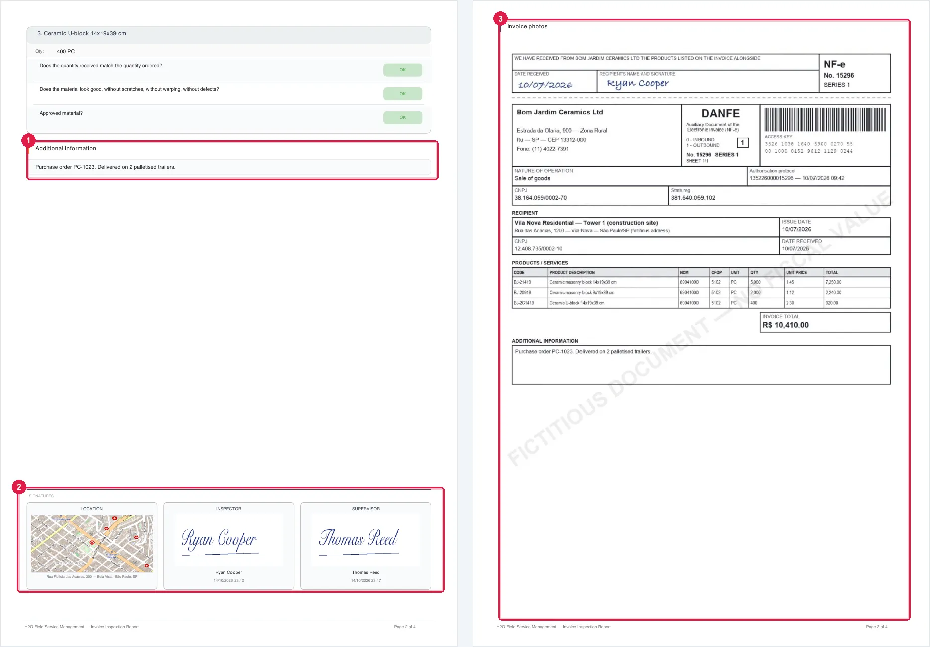 Pages 2 and 3 of the same PDF: the end of the items, the additional information, the signatures and the first document.