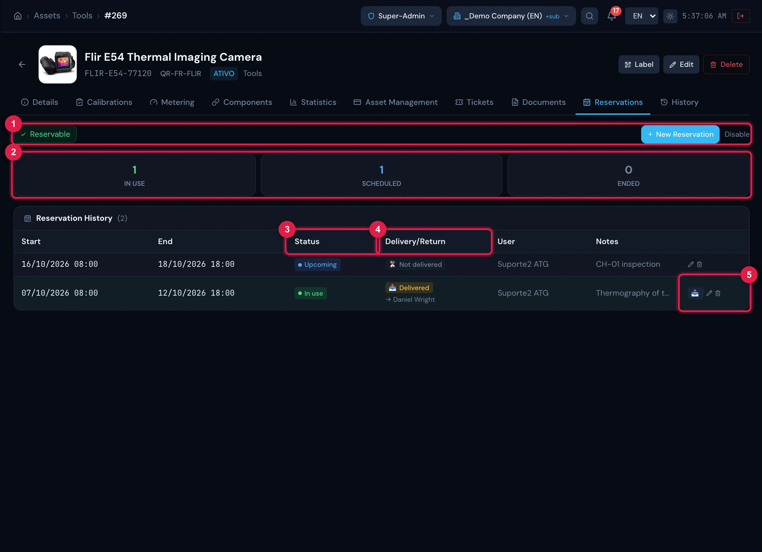 Reservations tab of a reservable tool: the In Use, Scheduled and Ended cards and the Reservation History — one reservation delivered and another scheduled —, with the Delivery/Return column.