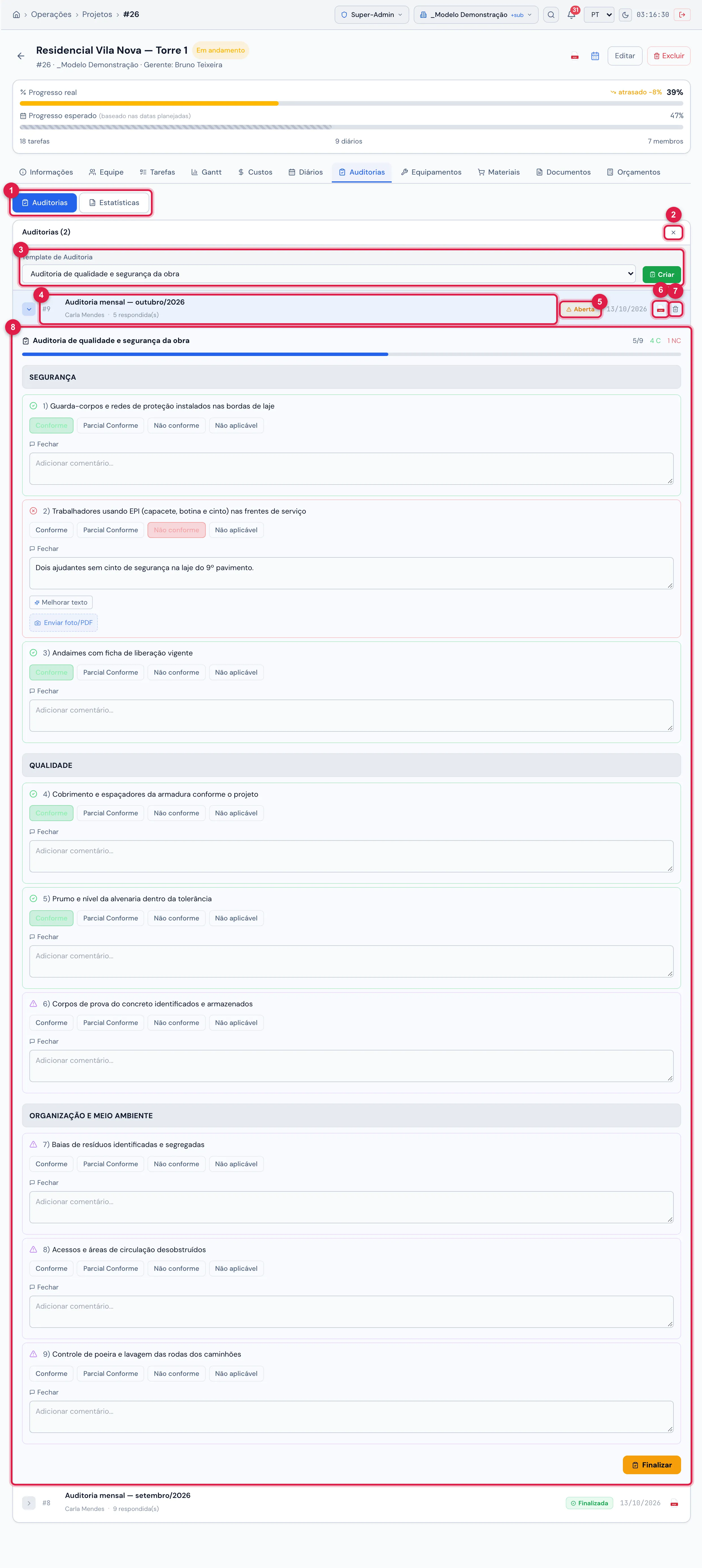 Aba Auditorias: o painel de Nova Auditoria com o template Auditoria de qualidade e segurança da obra, a Auditoria mensal — outubro/2026 (Aberta) expandida com o checklist e a Auditoria mensal — setembro/2026 (Finalizada).