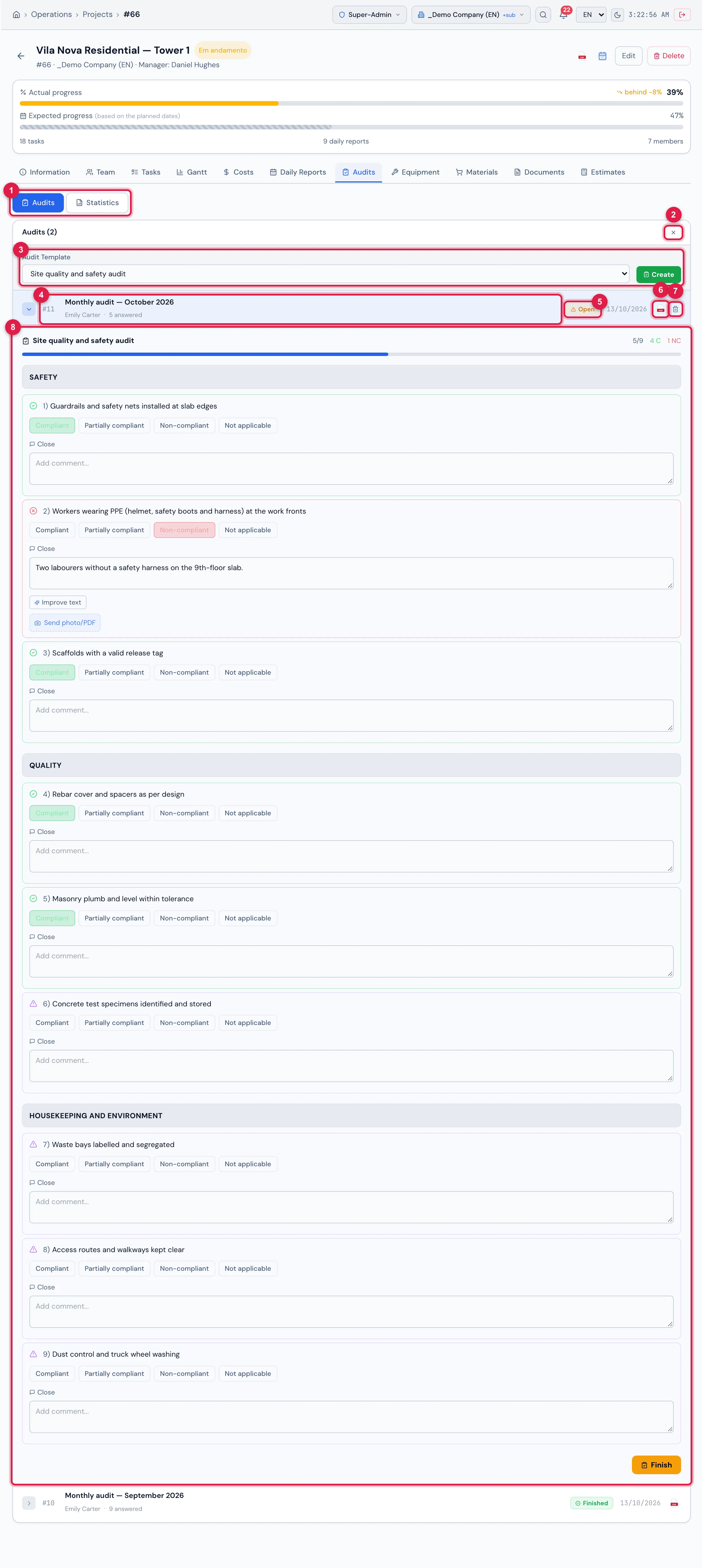 Audits tab: the New Audit panel with the template Site quality and safety audit, the Monthly audit — October 2026 (Open) expanded with the checklist and the Monthly audit — September 2026 (Finished).