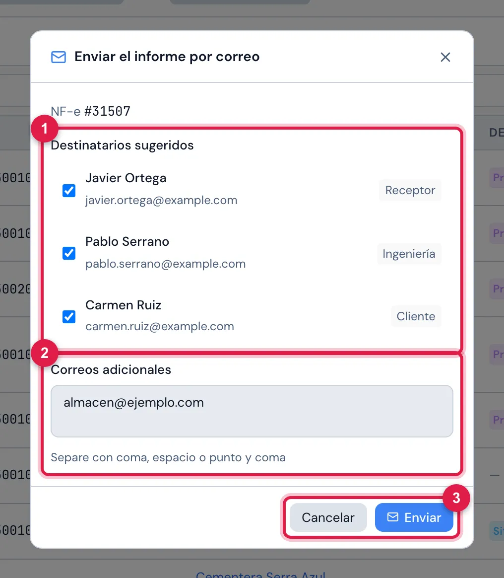 El correo de la factura 31507: los responsables ya marcados y una dirección más.