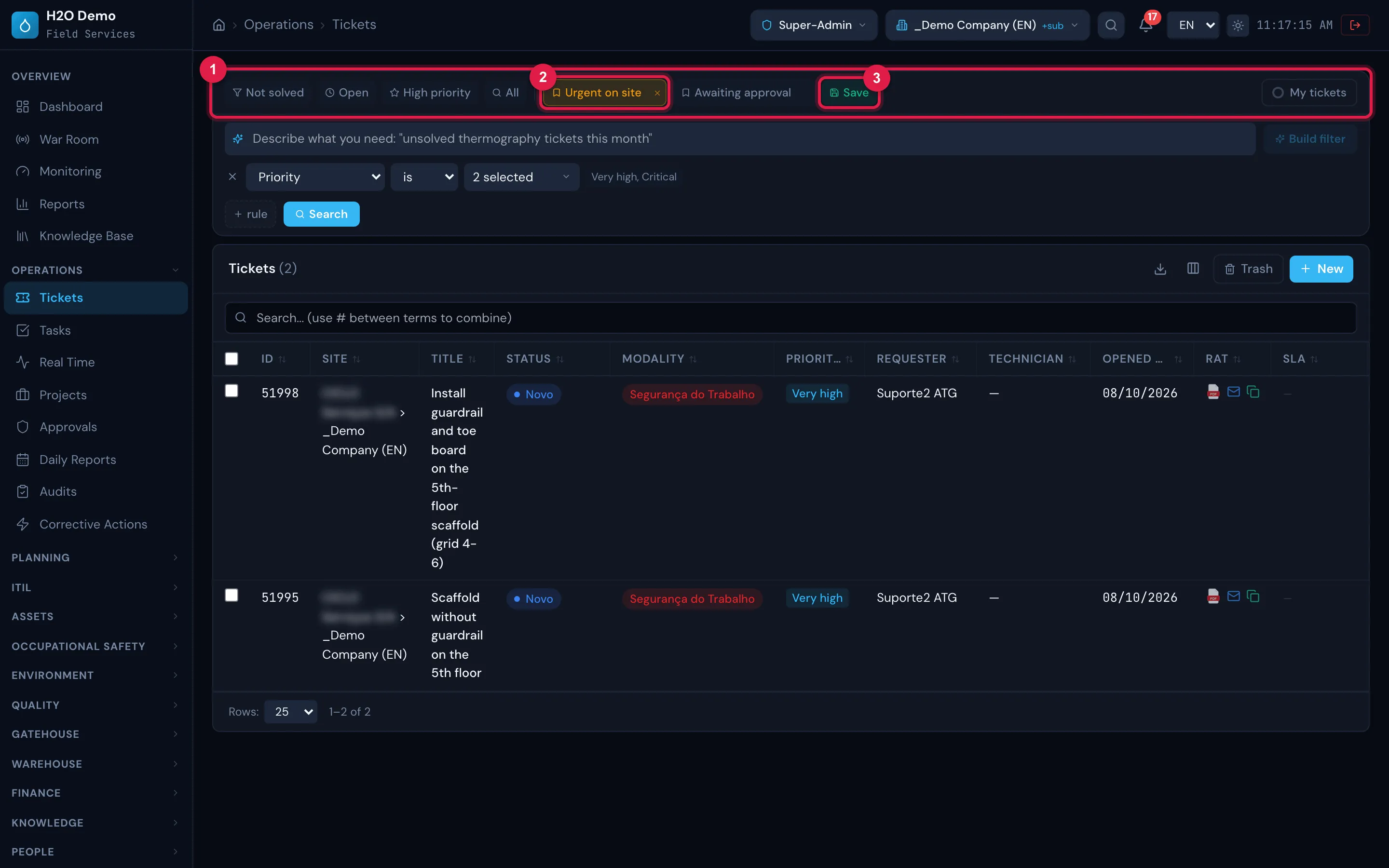 Tickets list with two saved filters: the ready-made shortcuts (Not solved, Open, High priority, All), the saved filters Urgent on site (applied, with the X showing on mouse-over) and Awaiting approval, and the green Save button.