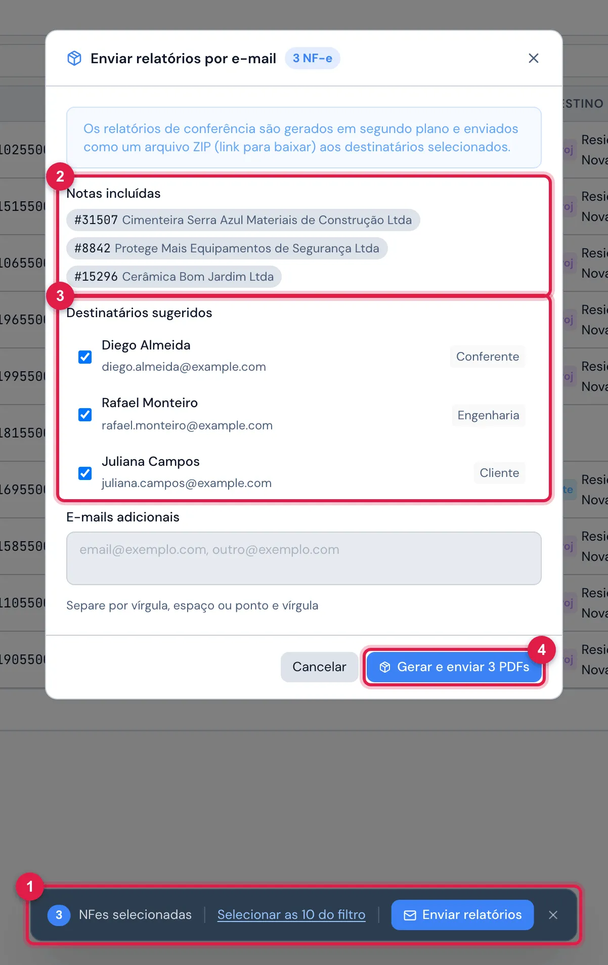 As notas 31507, 8842 e 15296 marcadas na lista e o envio em lote.