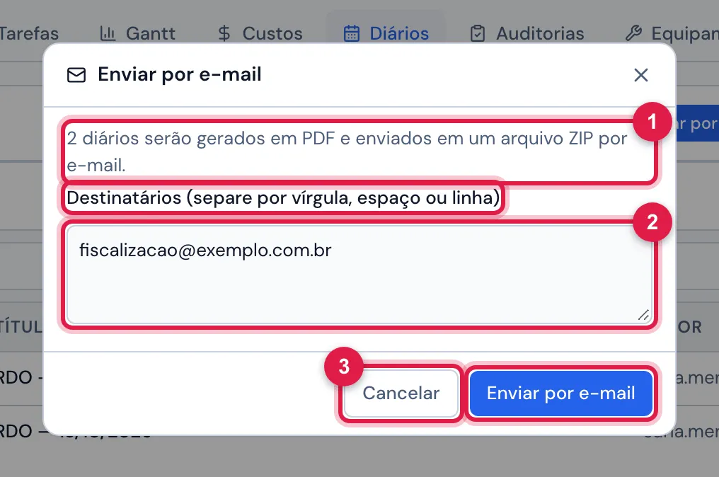 O envio por e-mail de dois diários do Residencial Vila Nova — Torre 1.