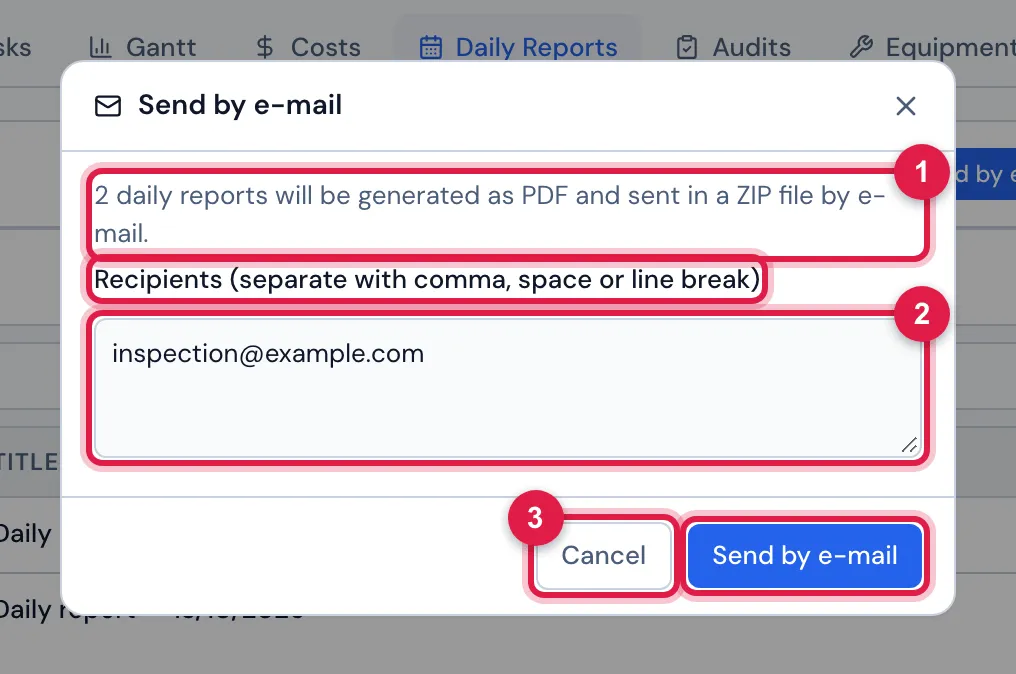 Sending two daily reports of Vila Nova Residential — Tower 1 by e-mail.