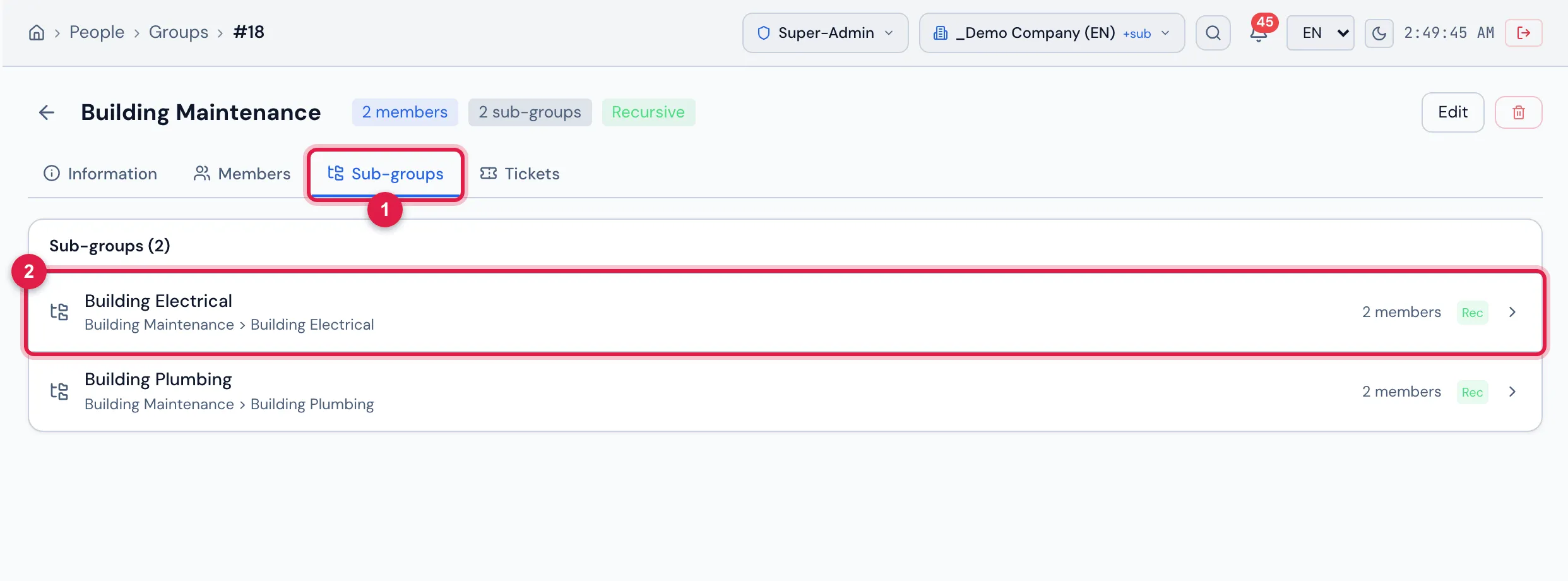 Sub-groups tab of Building Maintenance: Building Electrical and Building Plumbing, each with the full path and 2 members.