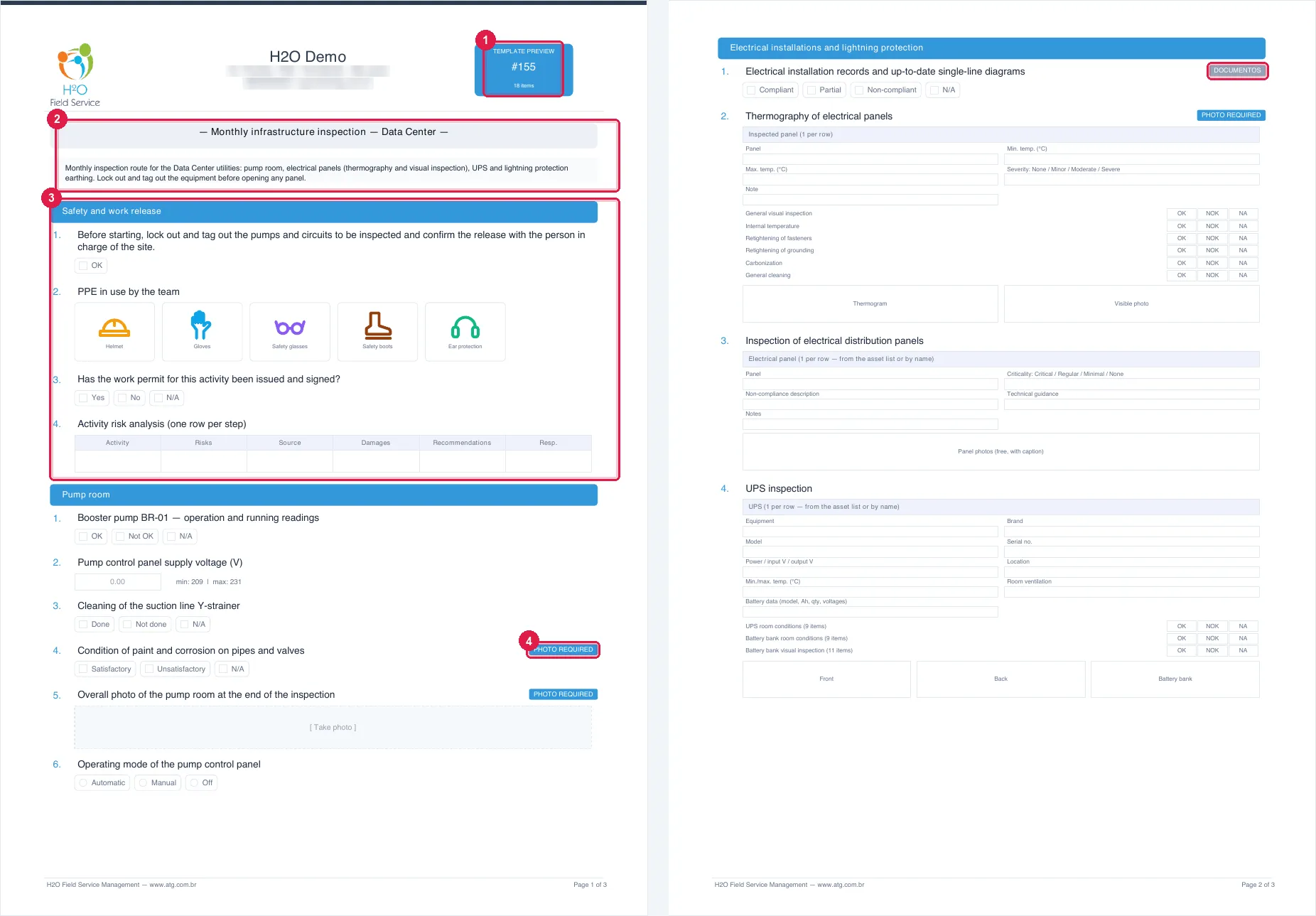 Pages 1 and 2 of the PDF preview: the header with the company name and logo, TEMPLATE PREVIEW with the number and the total of items, the name, the description and the items by section.