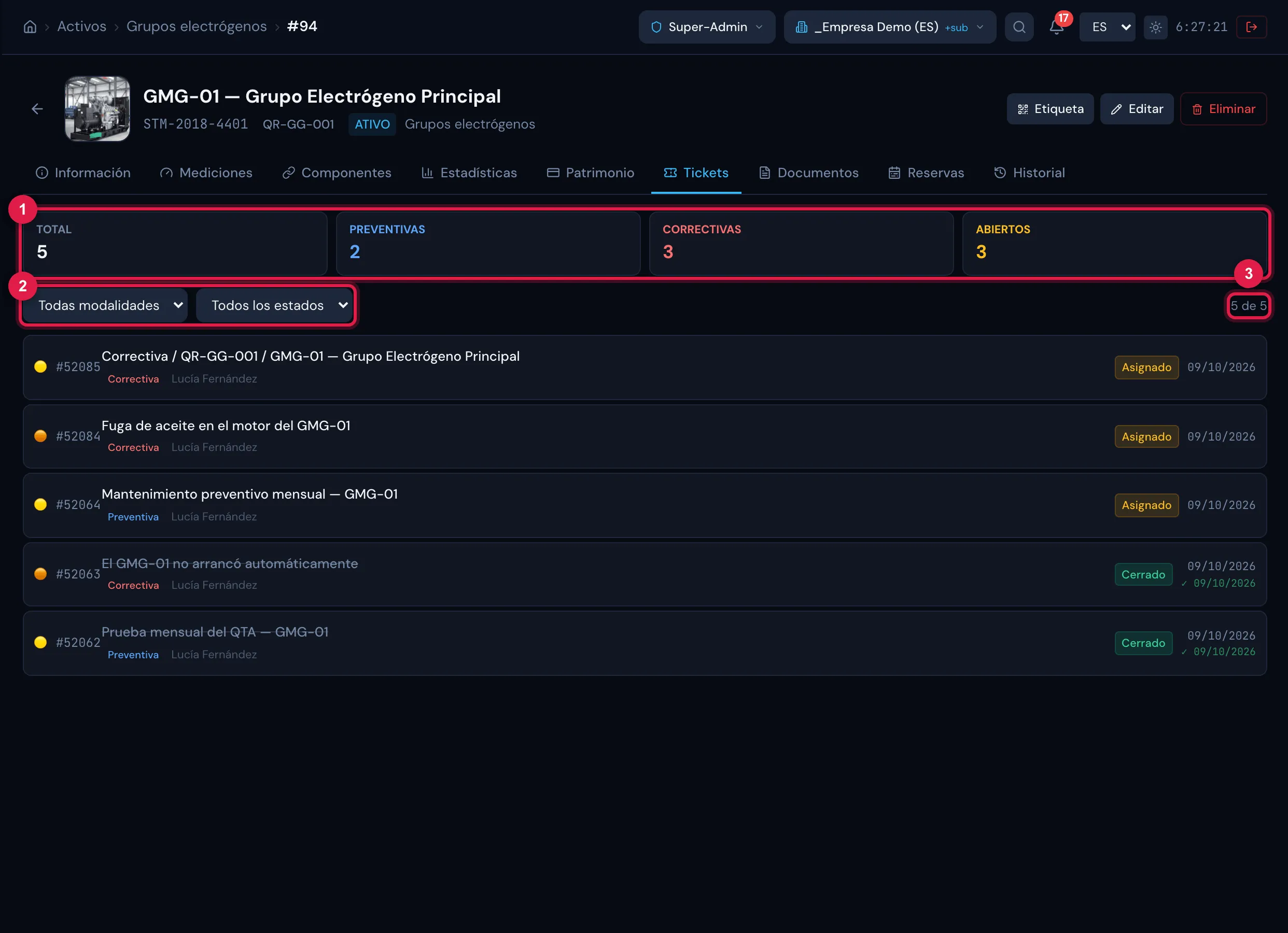Pestaña Tickets del activo: las cuatro tarjetas, los filtros por modalidad y estado y la lista de tickets con estado, modalidad y prioridad.