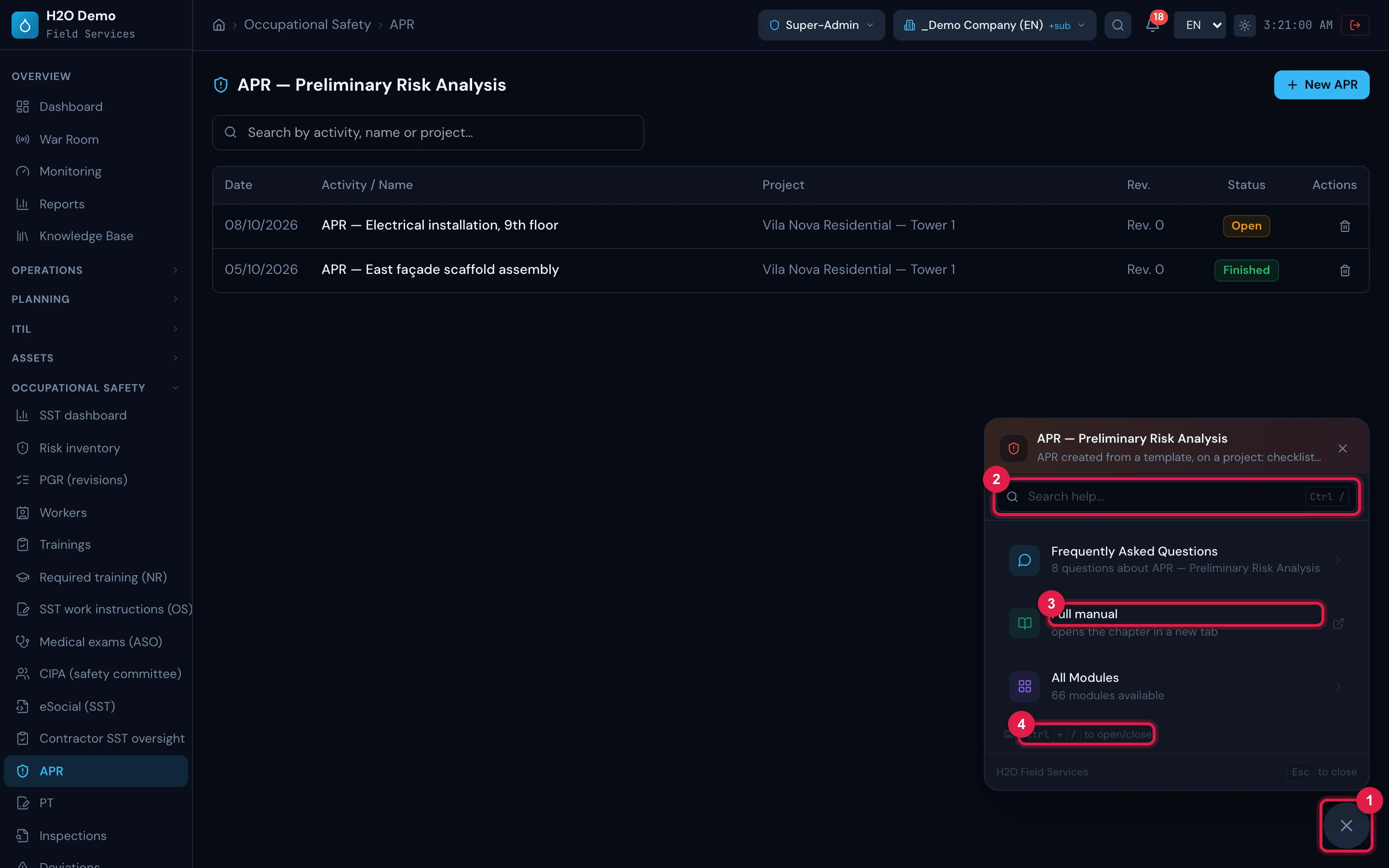 The help panel open on the APR — Preliminary Risk Analysis page (Occupational Safety module): the Search help... field, Frequently Asked Questions, Full manual, All Modules and the reminder of the Ctrl + / shortcut. This page has no Tip and no Quick Tips.