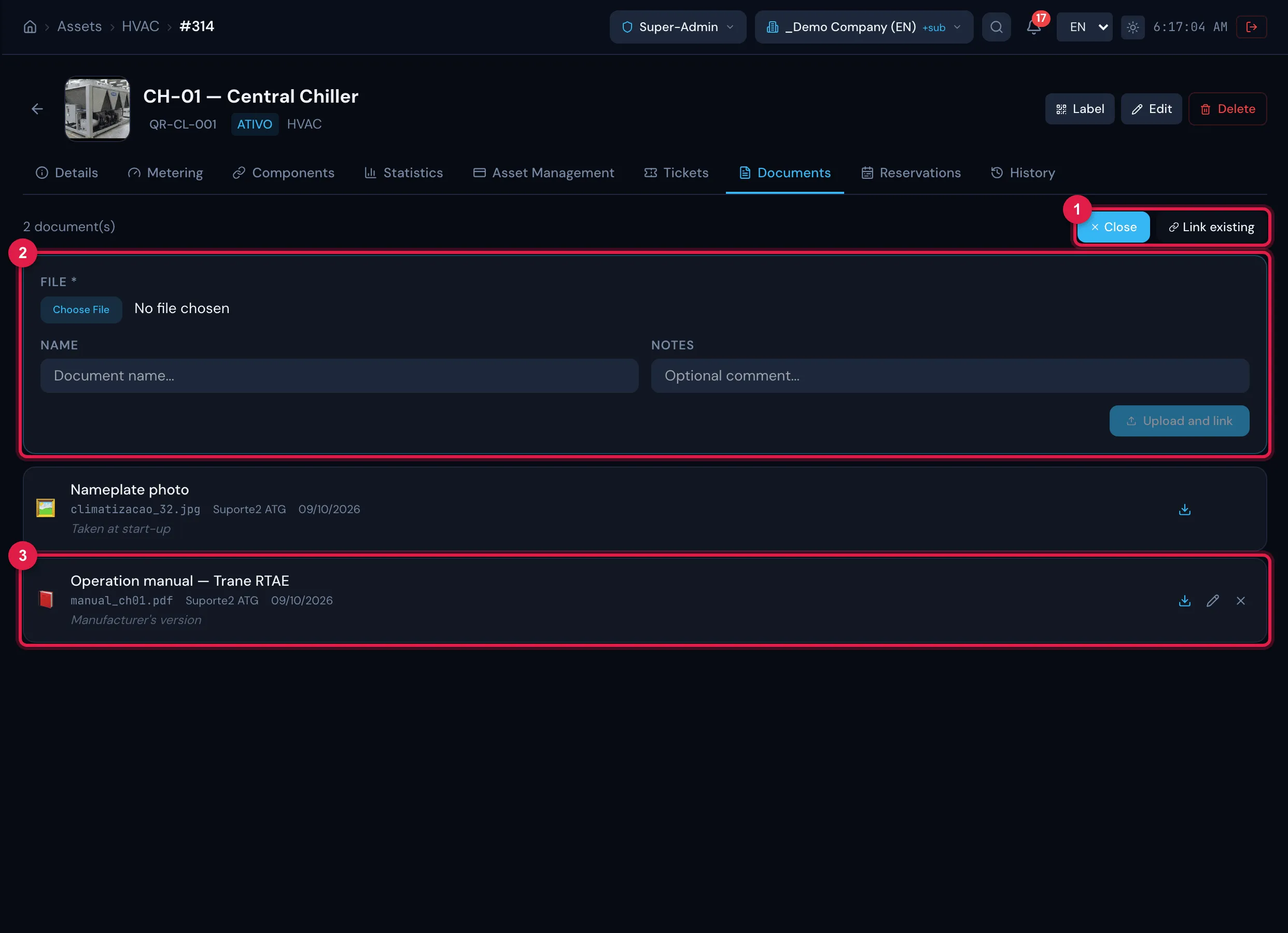 Documents tab of an HVAC unit with two linked documents and the Send file panel open.