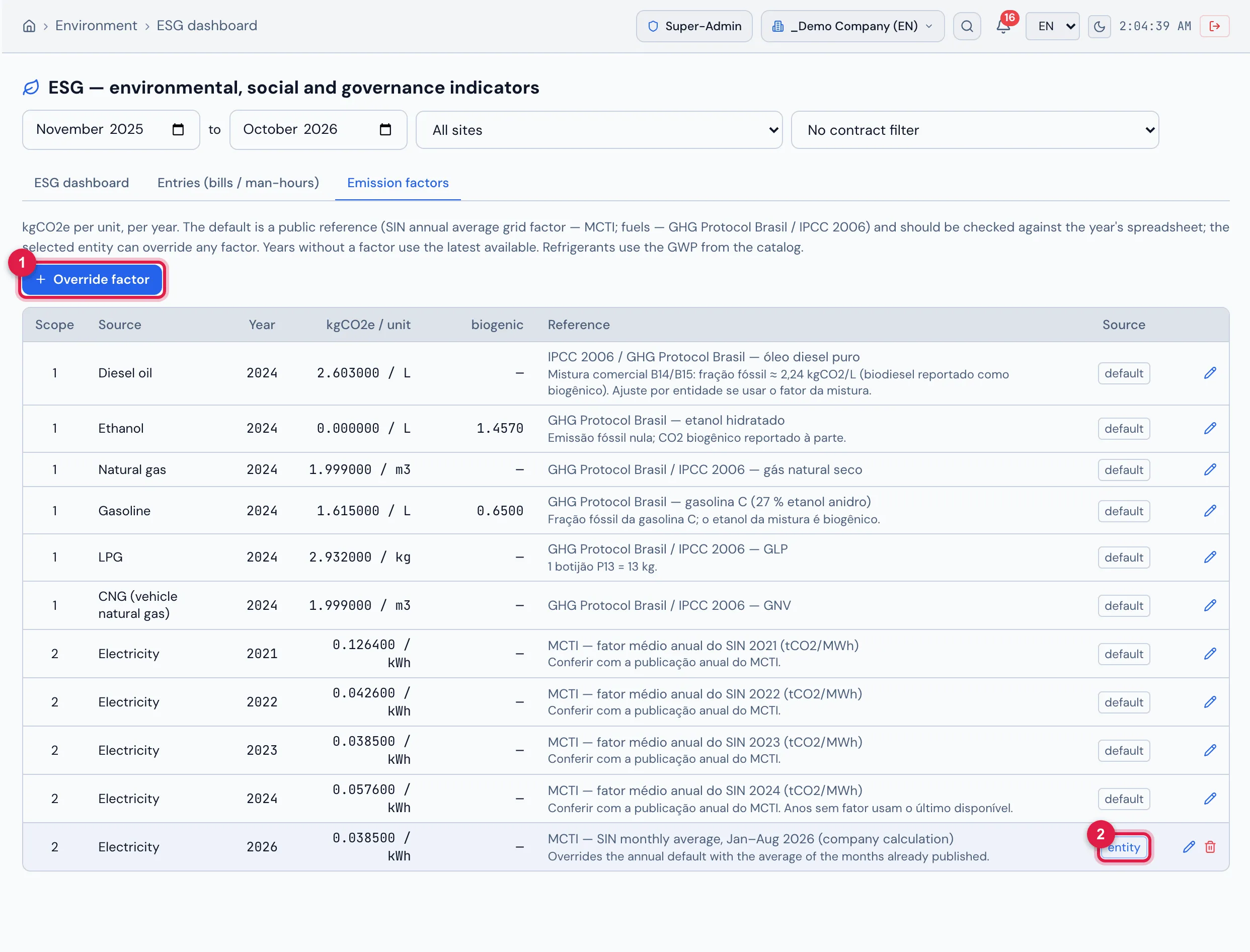 The Emission factors tab: kgCO₂e per unit and per year, with biogenic CO₂ reported separately, the reference and the origin — default (public reference: SIN grid annual average factor — MCTI; fuels — GHG Protocol Brasil / IPCC 2006) or entity (the company's override: electricity 2026, 0.0385 kgCO₂e/kWh, SIN monthly average for Jan–Aug). Years without a factor use the latest available; refrigerants use the GWP from the catalog.