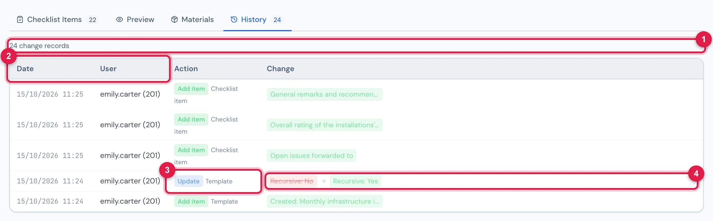 History tab (cropped): the newest records — items added — and the first ones — the creation and the change of Recursive in the header —, with who did it and when.