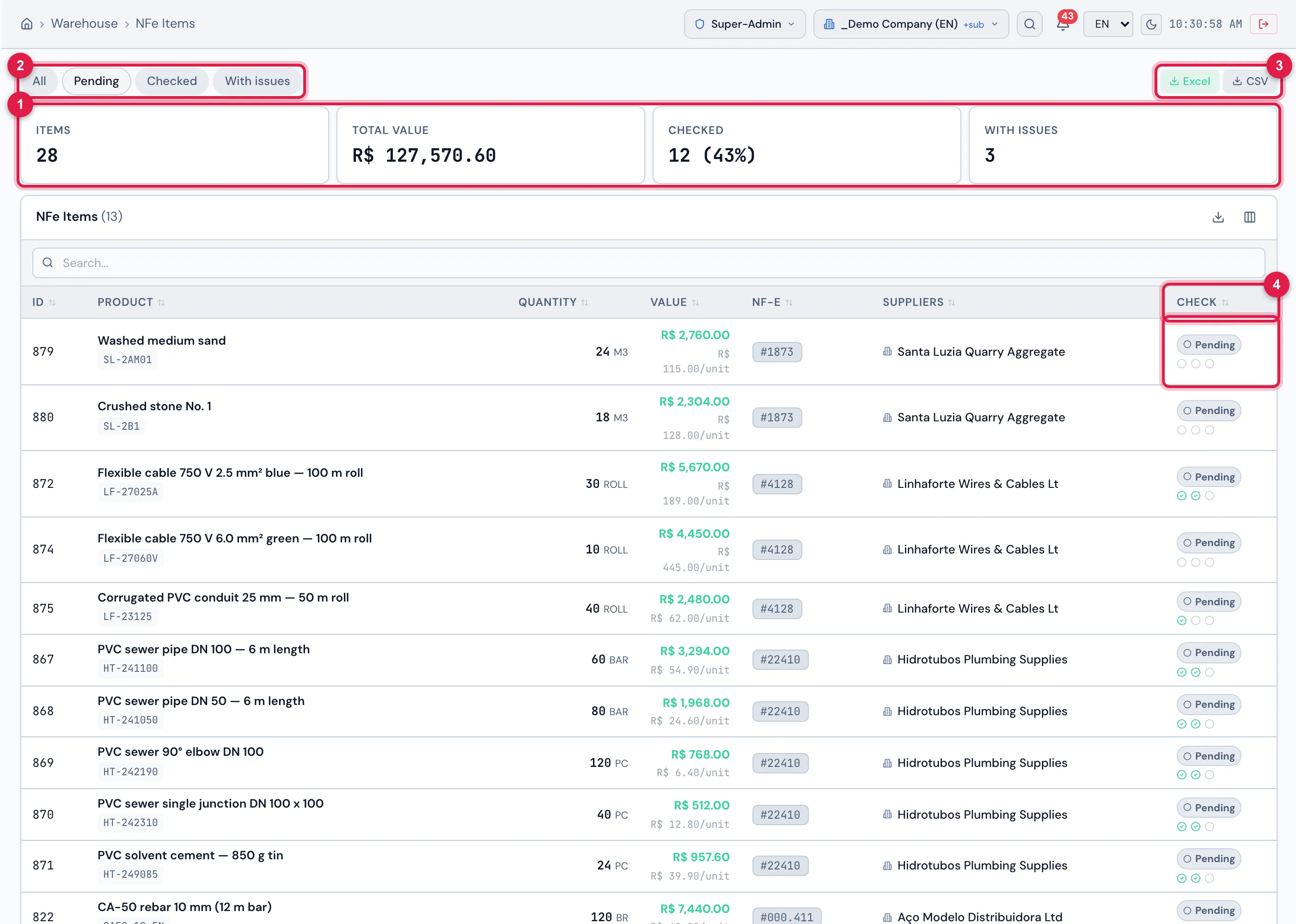Warehouse › NFe Items, Pending tab.