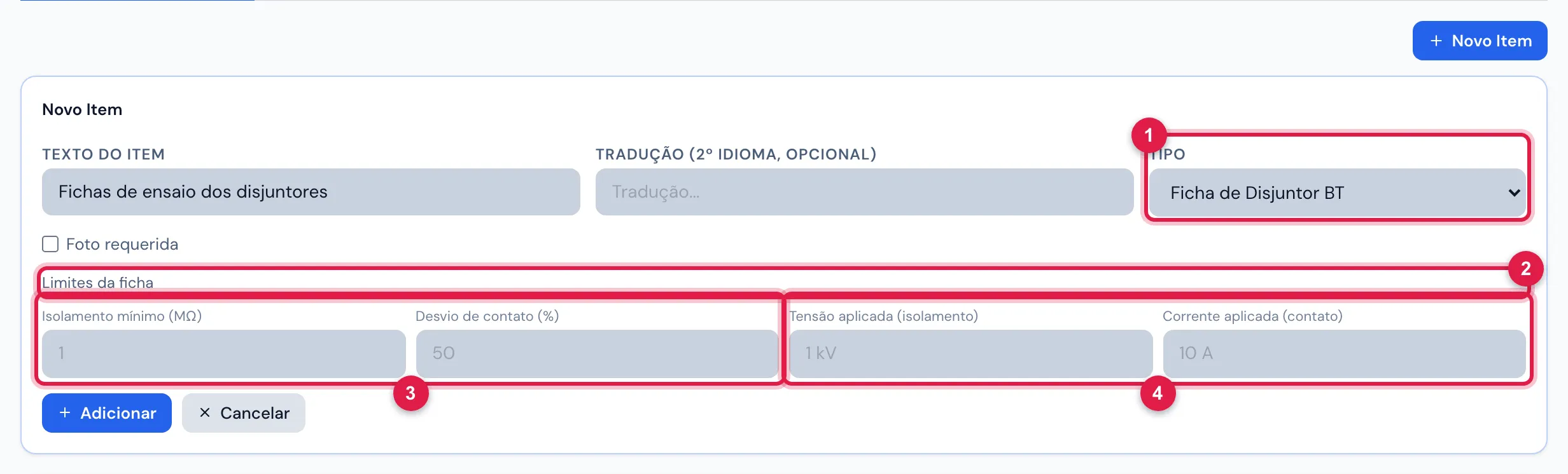 Novo Item do tipo Ficha de Disjuntor BT (sem salvar): o bloco Limites da ficha, com os padrões em cinza.