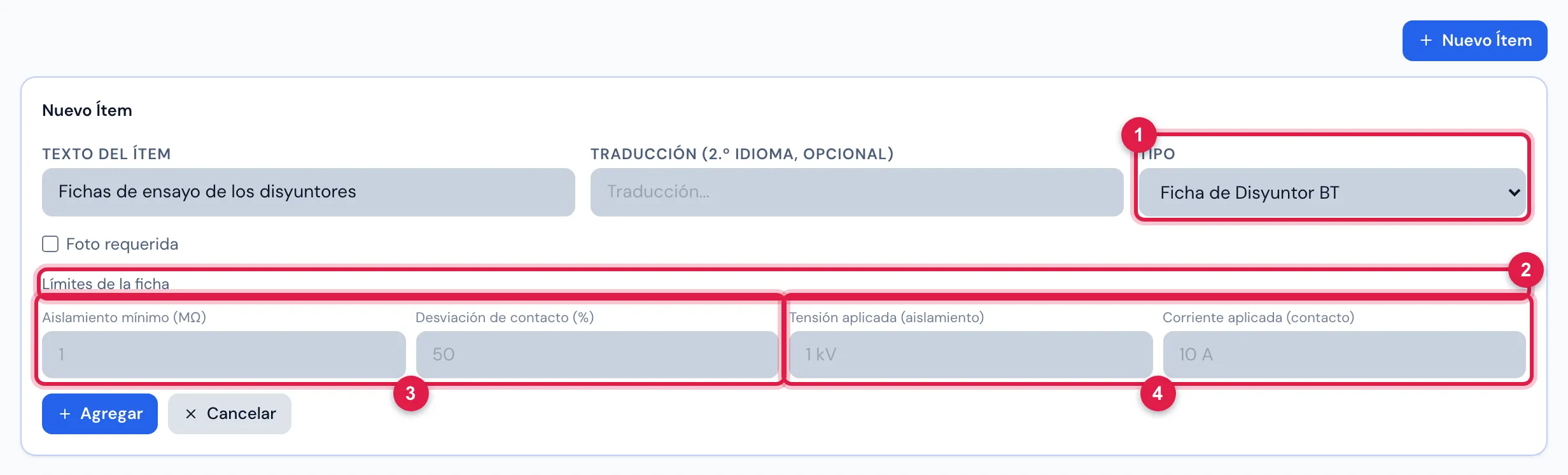 Nuevo Ítem del tipo Ficha de Disyuntor BT (sin guardar): el bloque Límites de la ficha, con los valores predeterminados en gris.