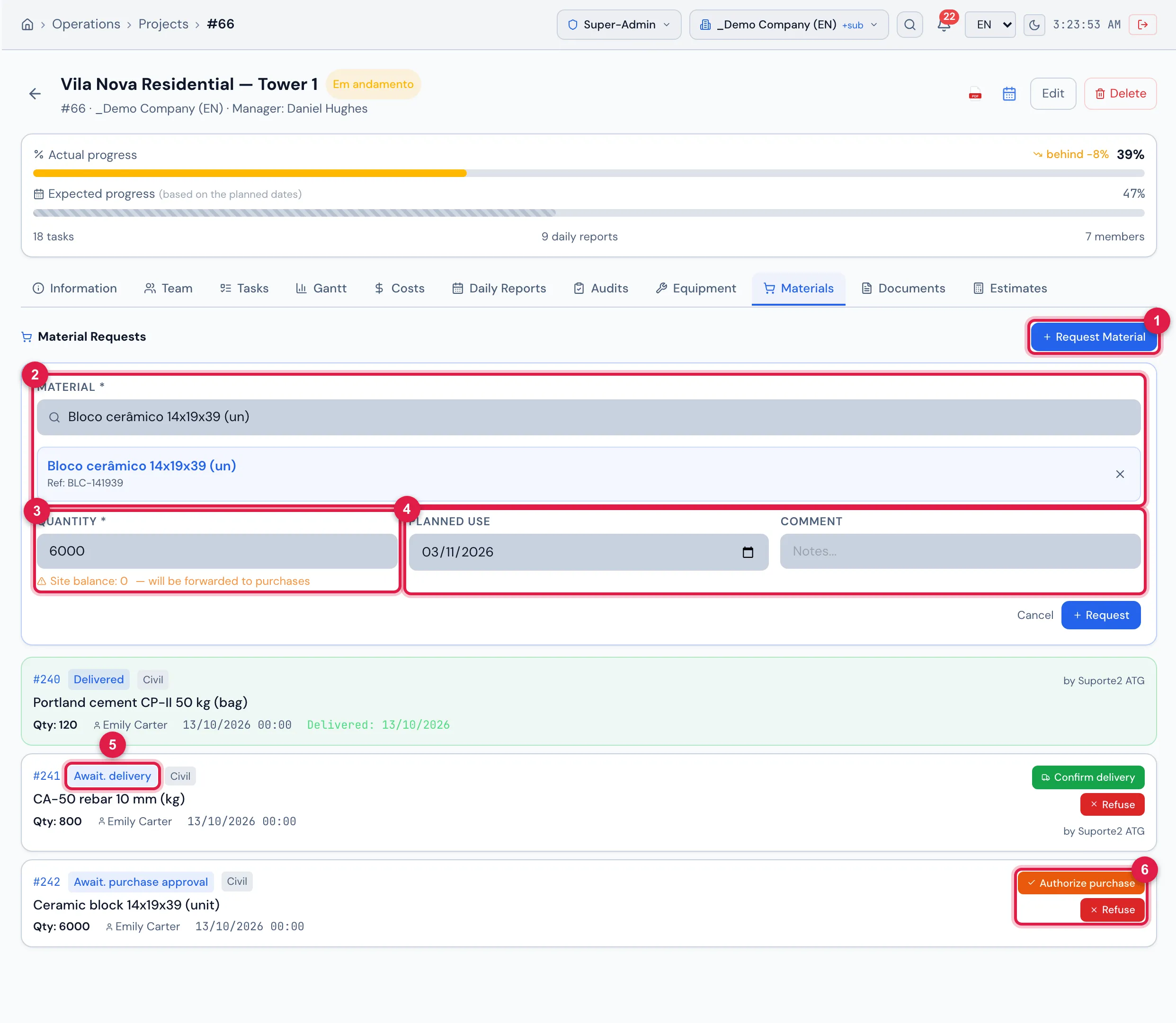 Materials tab: the request form with Ceramic block 14x19x39 (unit) above the site balance and, below, the three requests of the project — cement Delivered, rebar Await. delivery and block Await. purchase approval — with the available actions.