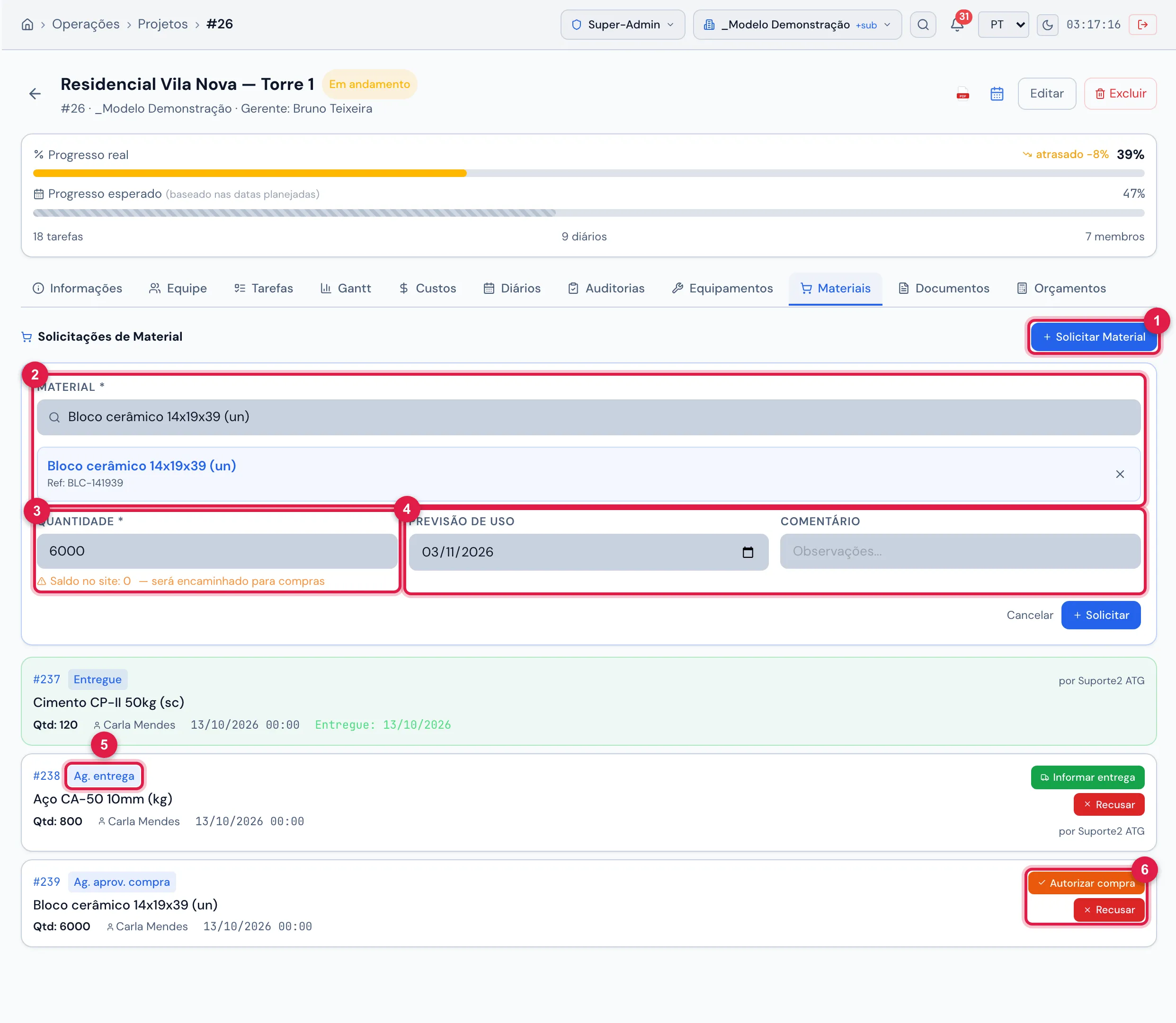 Aba Materiais: o formulário de solicitação com Bloco cerâmico 14x19x39 (un) acima do saldo do site e, abaixo, os três pedidos do projeto — cimento Entregue, aço Ag. entrega e bloco Ag. aprov. compra — com as ações disponíveis.