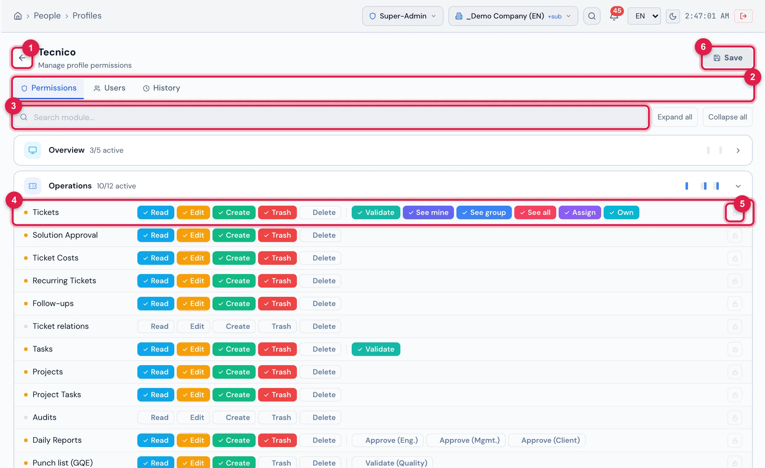 The editor of the Tecnico profile, Permissions tab, with the Operations group open: the Tickets row has the five levels and, after the separator, the special levels Validate, See mine, See group, See all, Assign and Own.