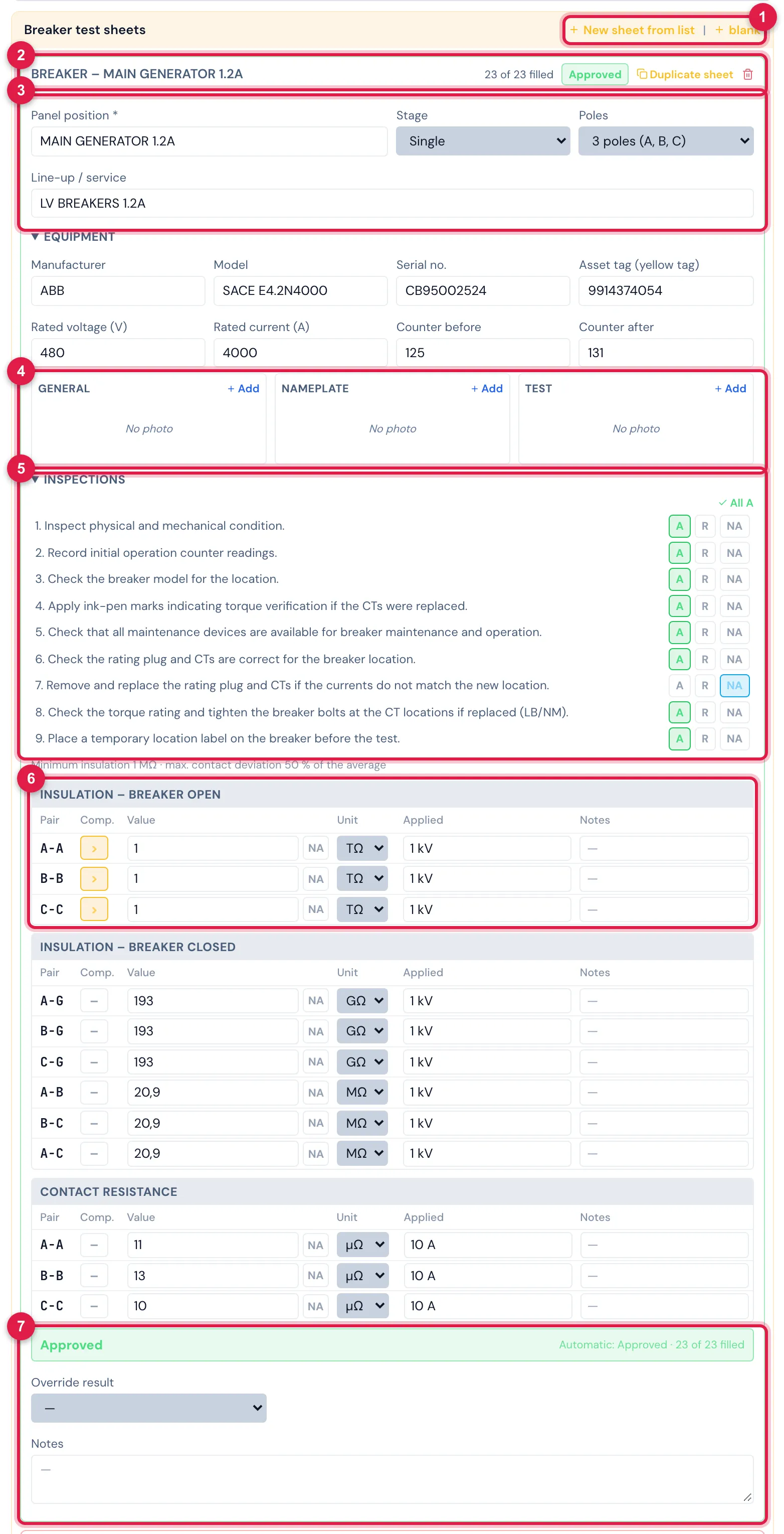 An LV Breaker Test Sheet filled in on the web, in the Pit Stop ticket: the MAIN GENERATOR 1.2A breaker, 3 poles, every inspection and measurement within the limits — result Approved.