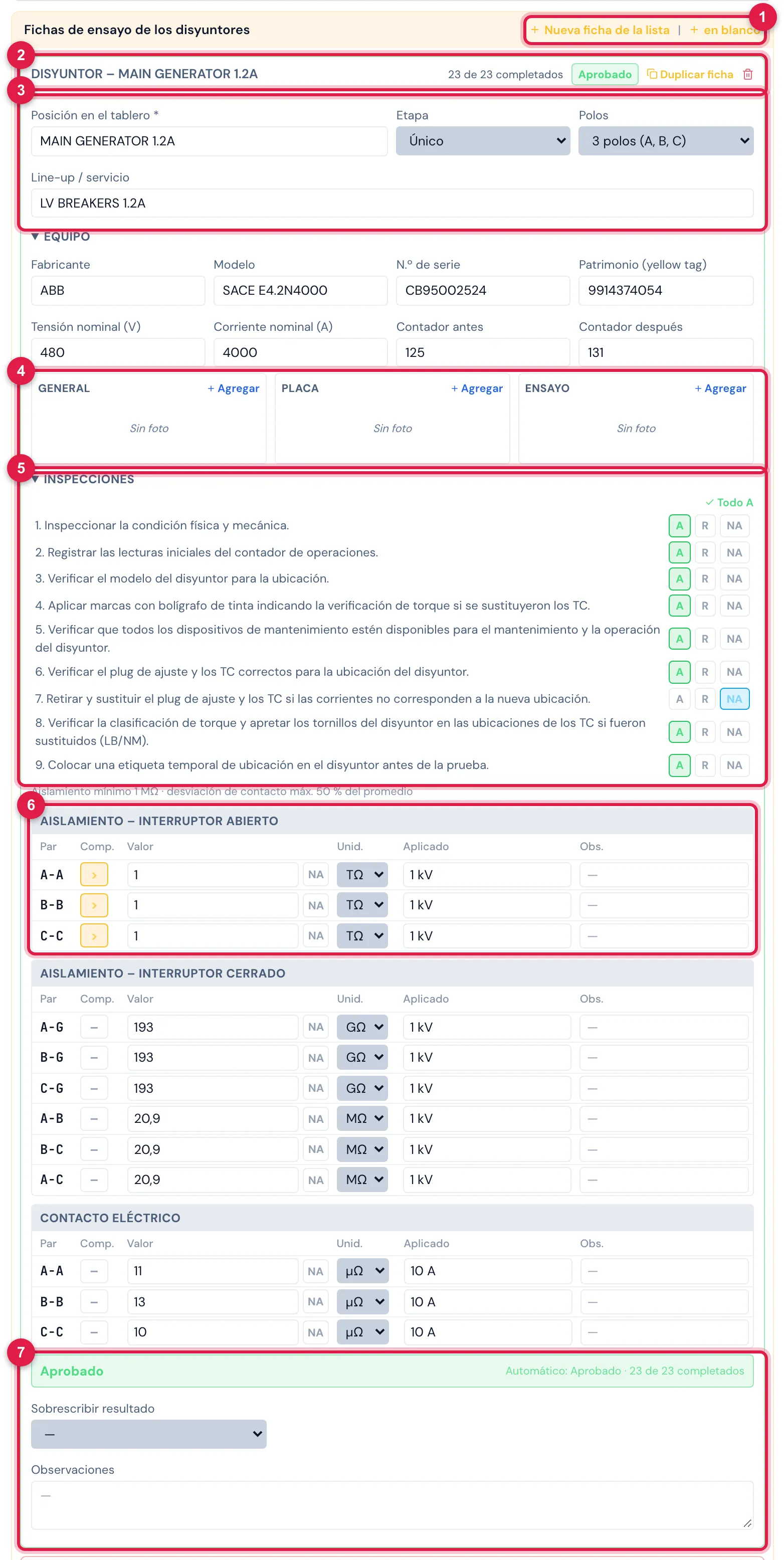 Una Ficha de Disyuntor BT completada en la web, en el ticket de Pit Stop: el disyuntor MAIN GENERATOR 1.2A, 3 polos, todas las inspecciones y mediciones dentro de los límites — resultado Aprobado.