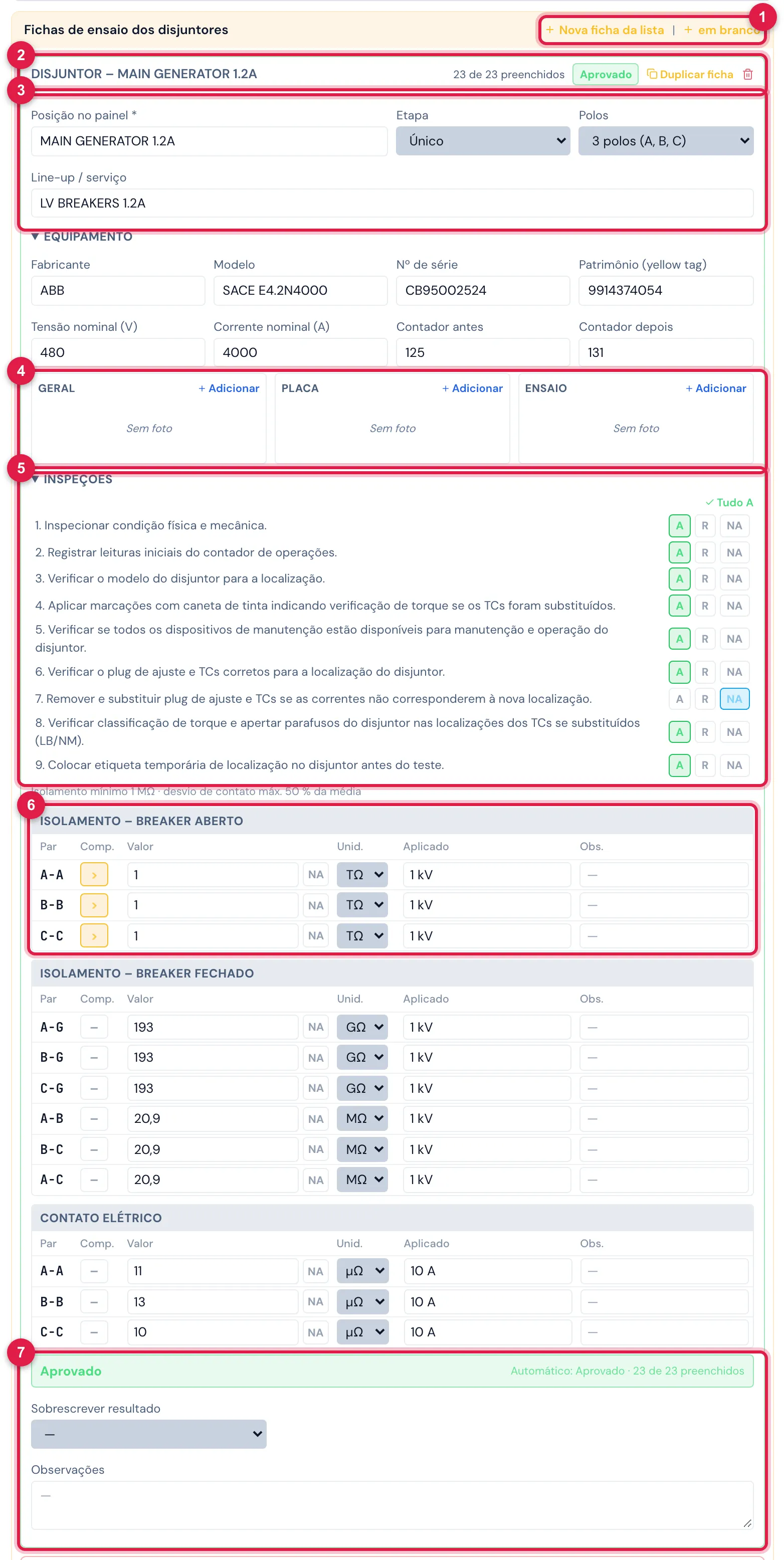Uma Ficha de Disjuntor BT preenchida no web, no chamado de Pit Stop: o disjuntor MAIN GENERATOR 1.2A, 3 polos, todas as inspeções e medições dentro dos limites — resultado Aprovado.