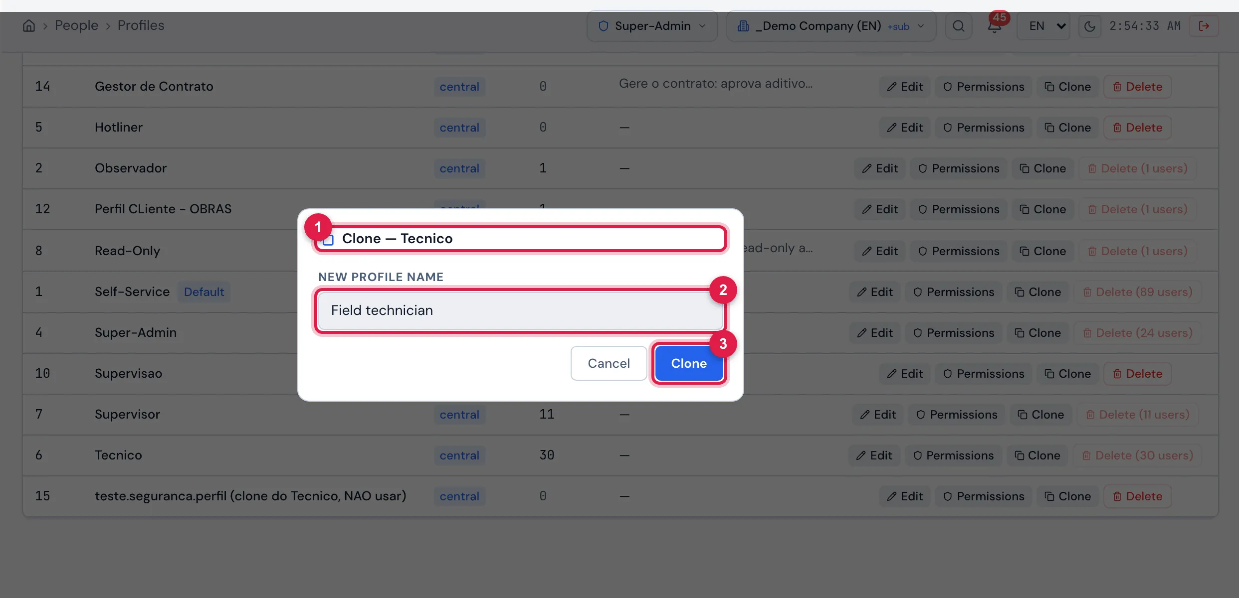 The Clone — Tecnico window: New profile name already changed to "Field technician" (not cloned yet) and the Cancel and Clone buttons.
