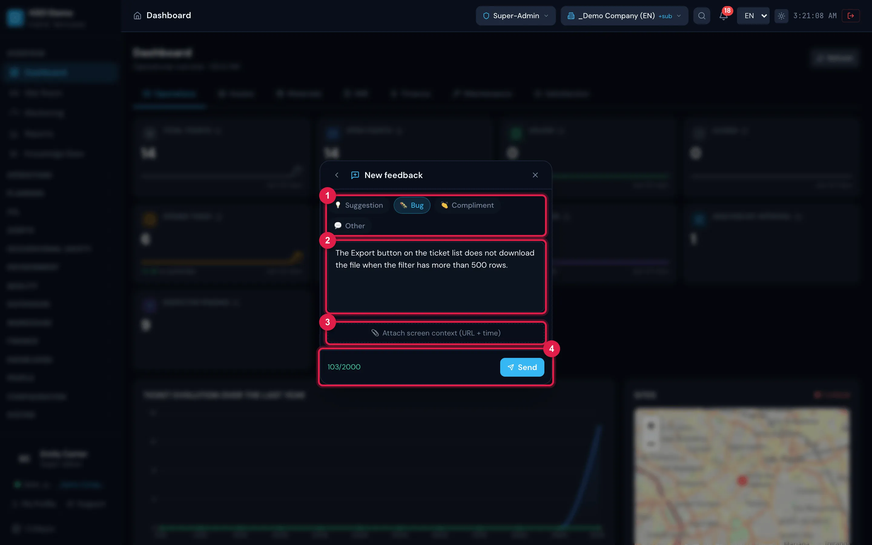 The Support & Feedback window in New feedback: the categories (Suggestion, Bug, Compliment, Other), the message field, 📎 Attach screen context (URL + time), the character counter and Send.