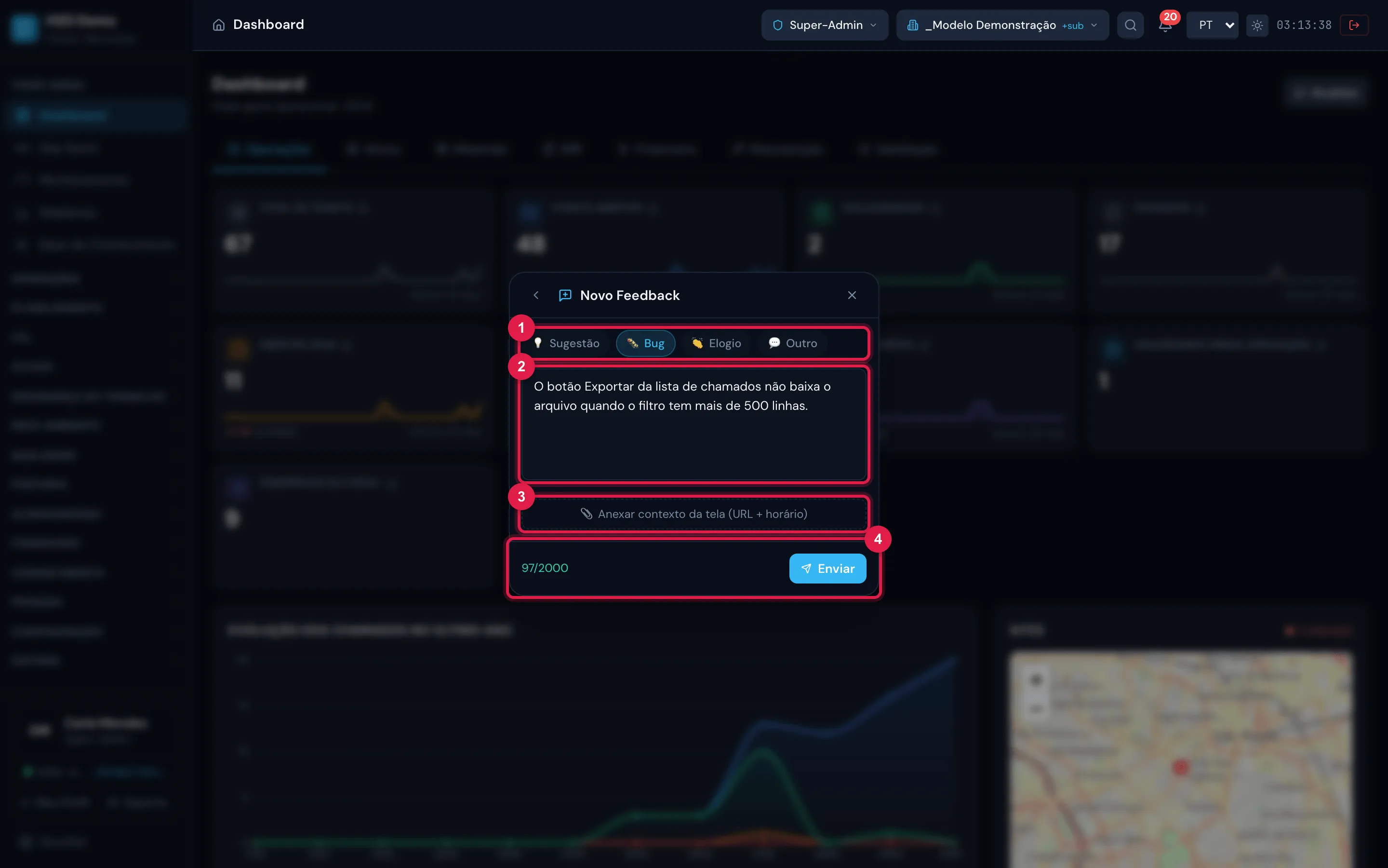 A janela Suporte & Feedback em Novo Feedback: as categorias (Sugestão, Bug, Elogio, Outro), o campo da mensagem, 📎 Anexar contexto da tela (URL + horário), o contador de caracteres e Enviar.
