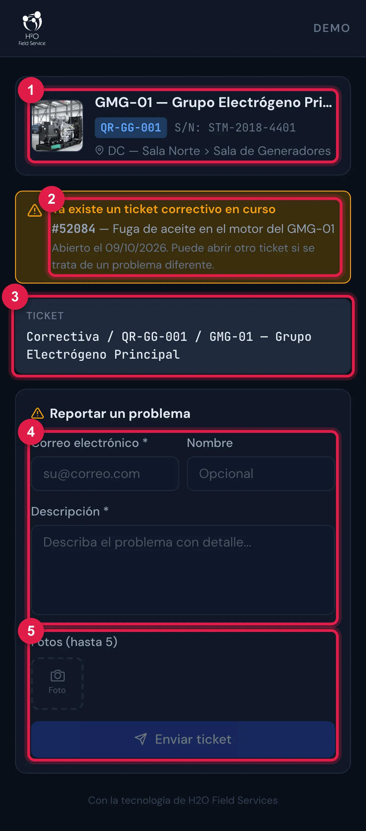 La página pública del QR en el celular, con el aviso de correctiva en curso y el formulario.