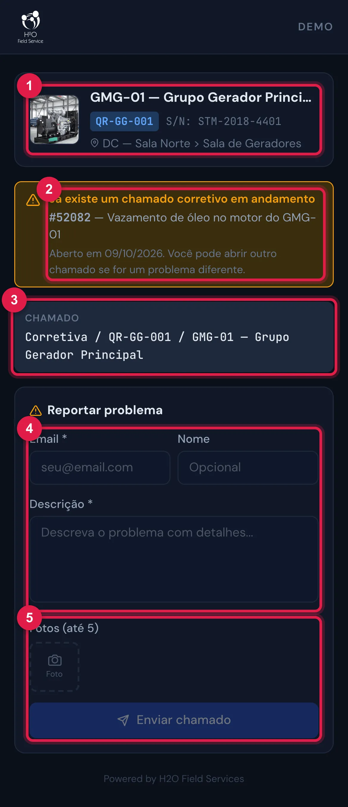 A página pública do QR no celular, com o aviso de corretiva em andamento e o formulário.