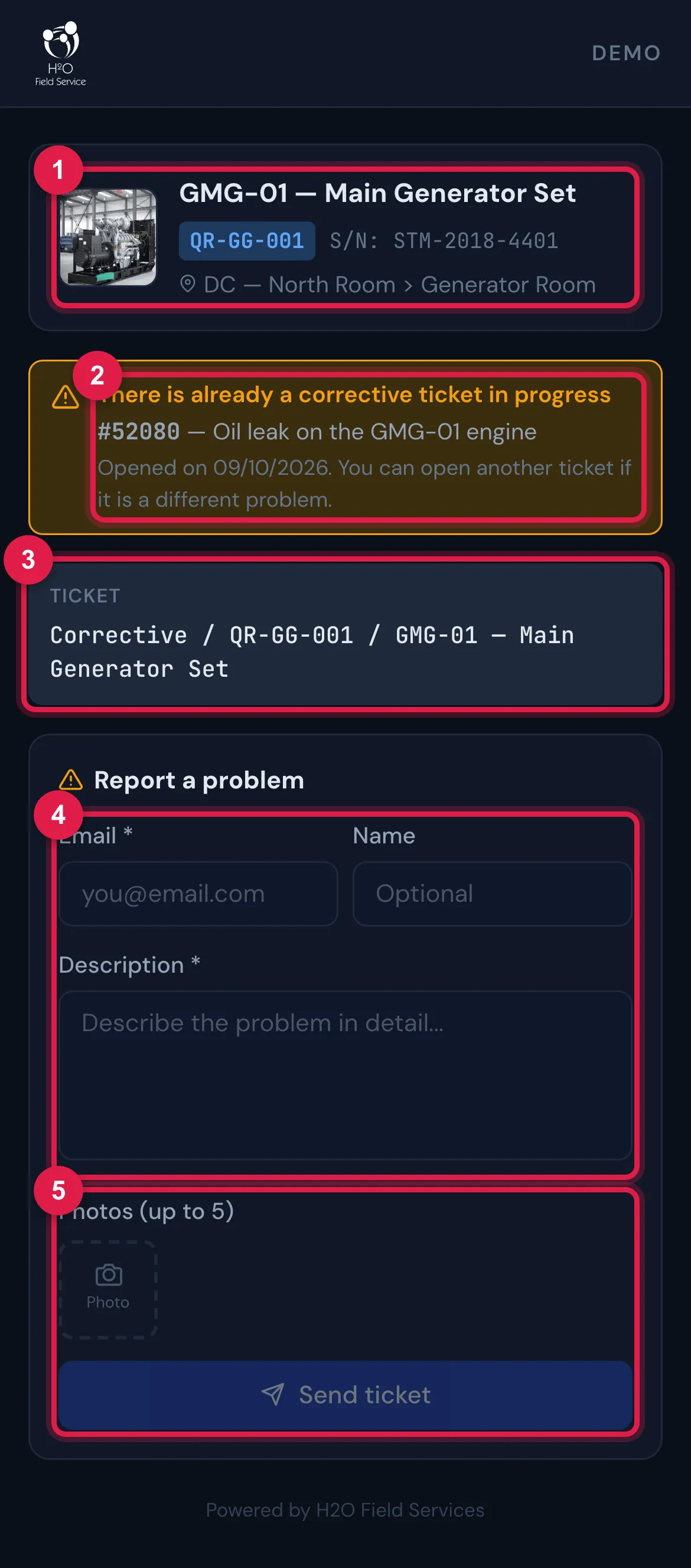 The public QR page on the phone, with the warning about a corrective ticket in progress and the form.