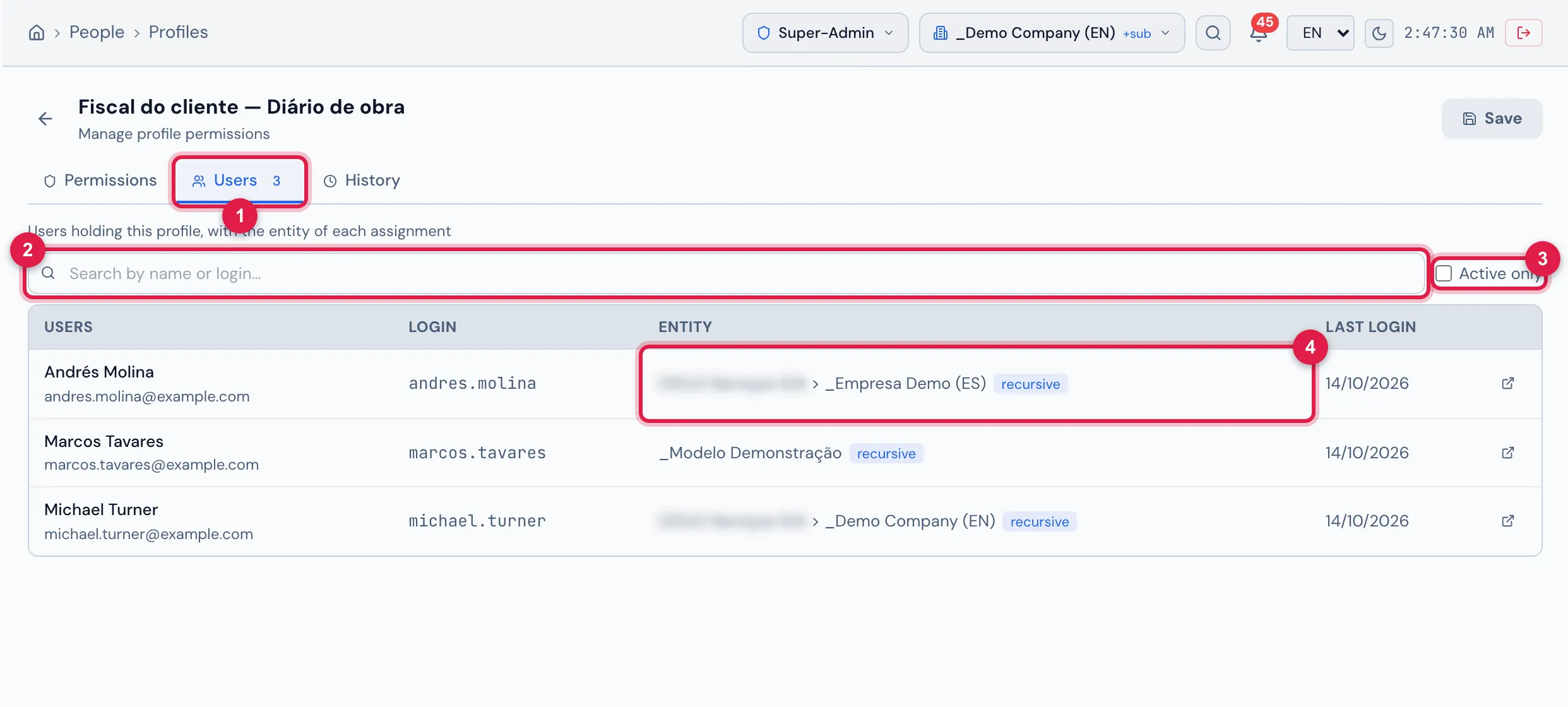 The Users tab of the Fiscal do cliente — Diário de obra profile: three assignments, each on a site, all recursive.
