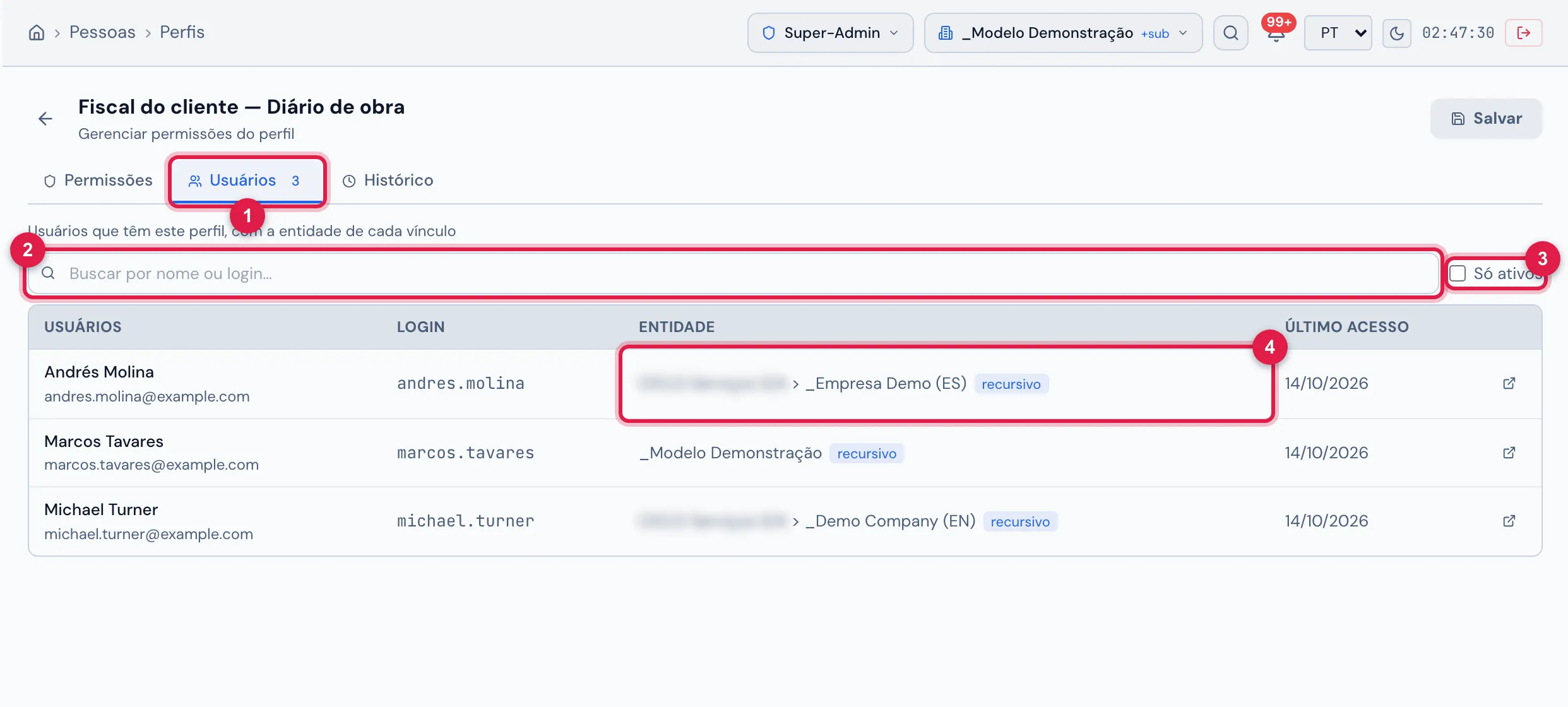 A aba Usuários do perfil Fiscal do cliente — Diário de obra: três vínculos, cada um num site, todos recursivos.