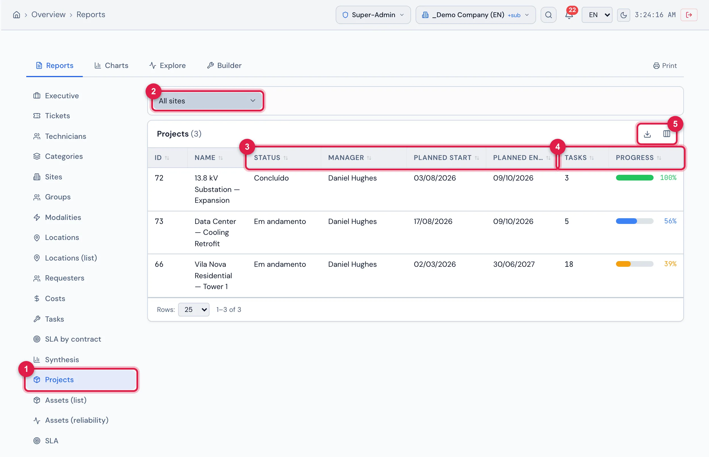 Overview › Reports › Projects: the site filter and the table with status, manager, planned dates, tasks and progress of the three example projects.
