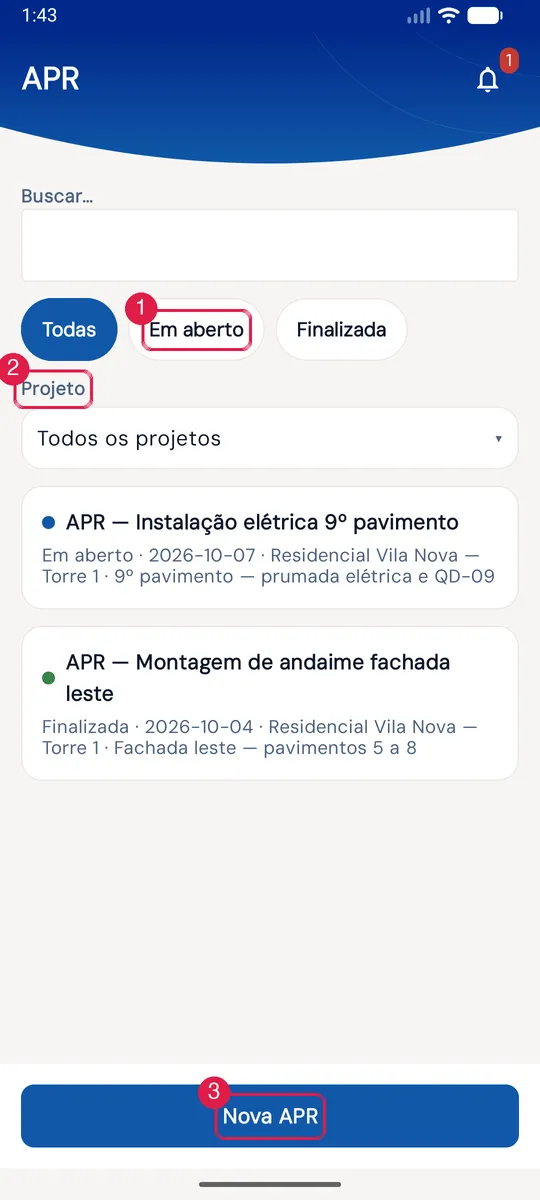 Lista de APRs no app: cada cartão traz a bolinha de estado (verde finalizada, azul em aberto), o chip de sincronismo quando há algo pendente ou enviado (aqui tudo está sincronizado, por isso não aparece) e a linha "Em aberto/Finalizada · data · obra · local".