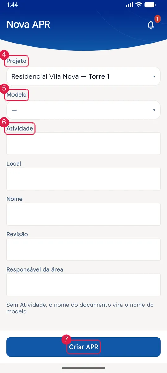 Nova APR: Projeto, Modelo, Atividade, Local, Nome, Revisão, Responsável da área e Criar APR.