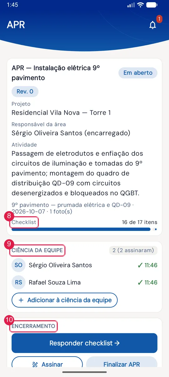 Detalhe da APR: cartão do documento, barra Checklist, Ciência da equipe e Encerramento.