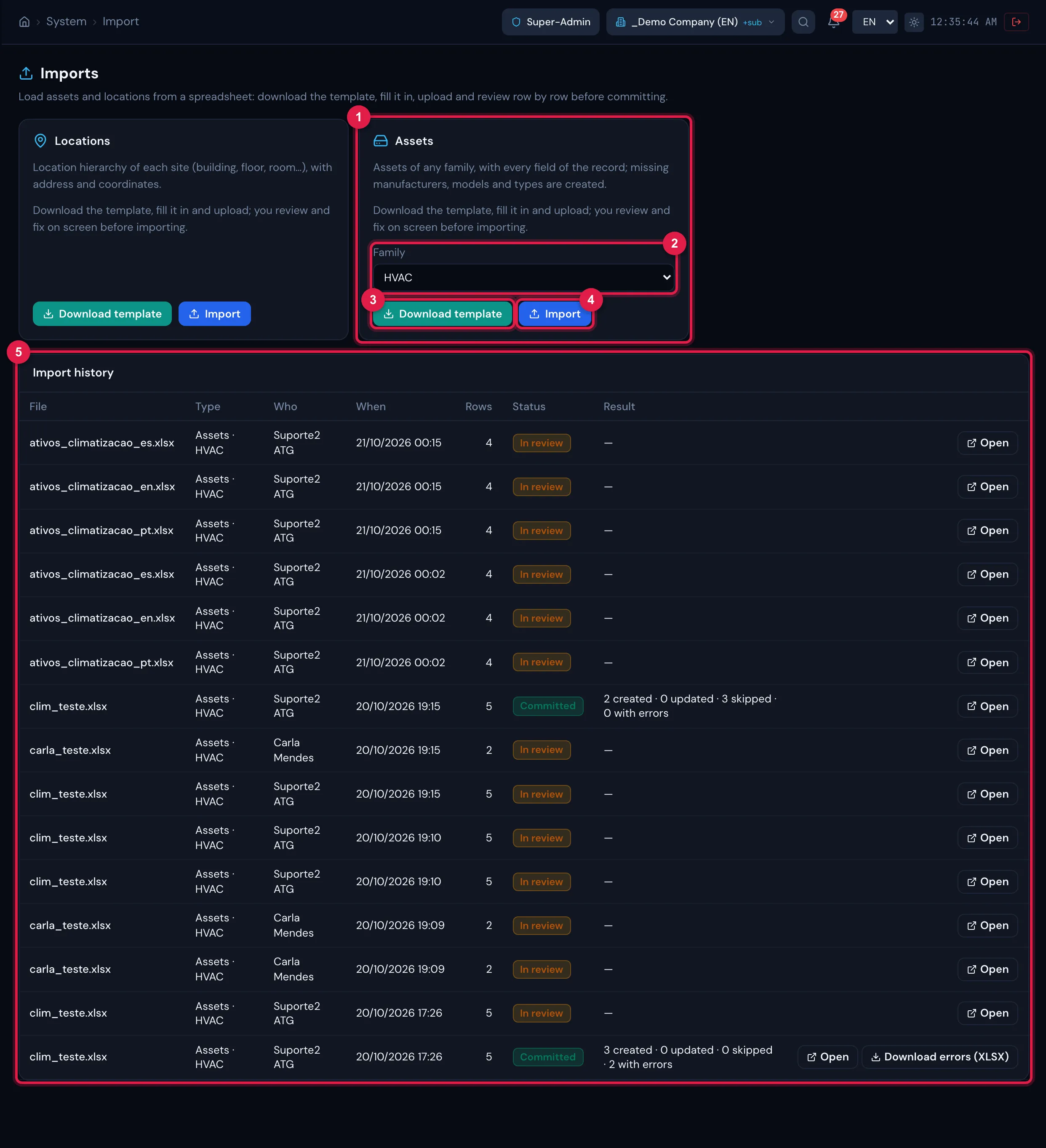 The Imports page: one card per type — Locations and Assets (with the Family selector) —, each with Download template and Import; below, the Import history.