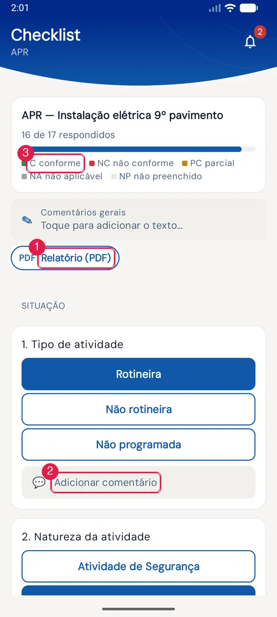 Checklist da APR: 16 de 17 respondidos, legenda das respostas, Relatório (PDF) e o item 1 com seus botões.