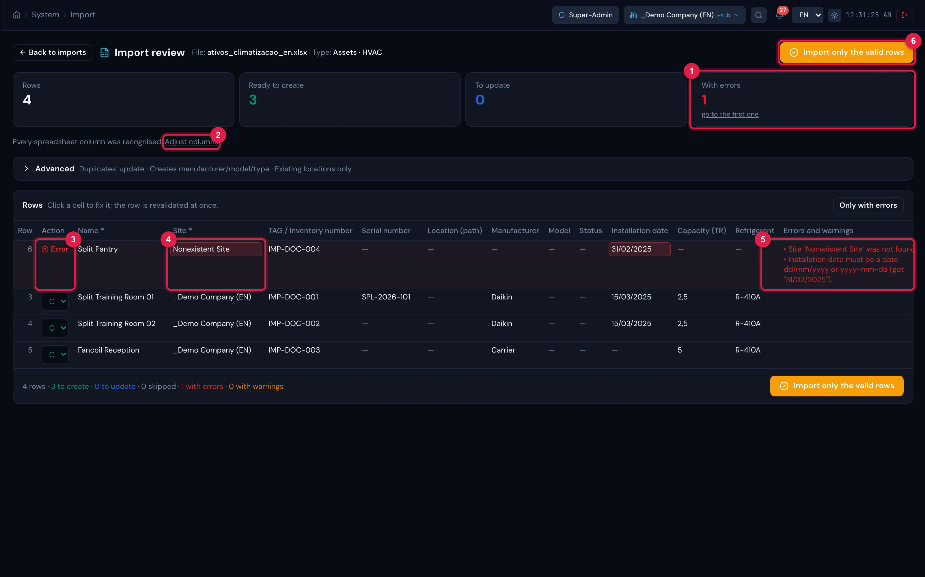 The Import review screen of an HVAC spreadsheet with four rows: the row with errors at the top (nonexistent site and invalid date), the Site cell open for correction and the Import only the valid rows button.