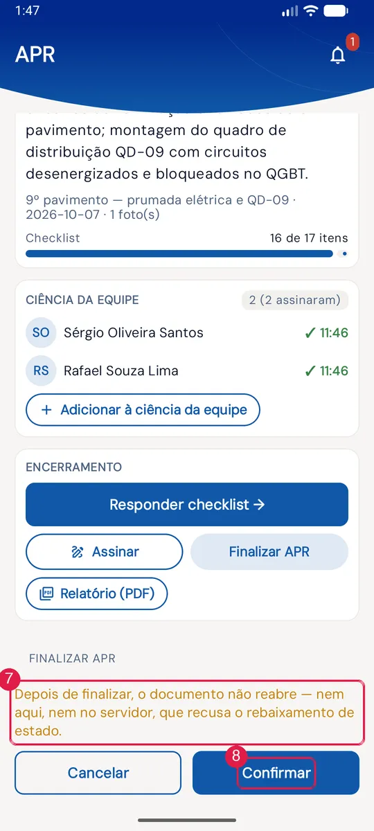 Finalizar APR: aviso de que não reabre, Cancelar e Confirmar.