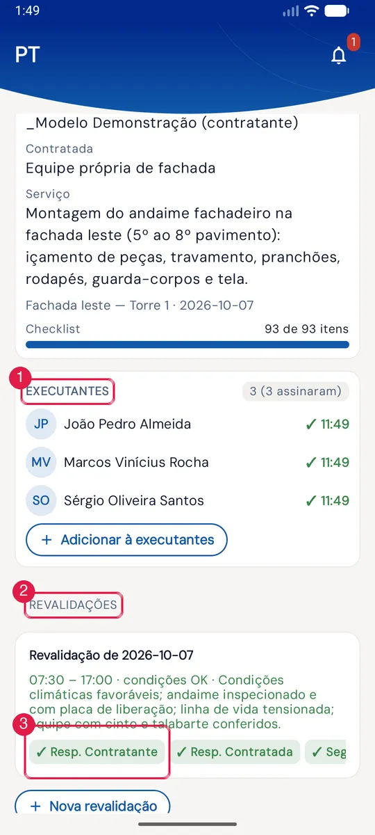 Detalhe da PT com Executantes e Revalidações